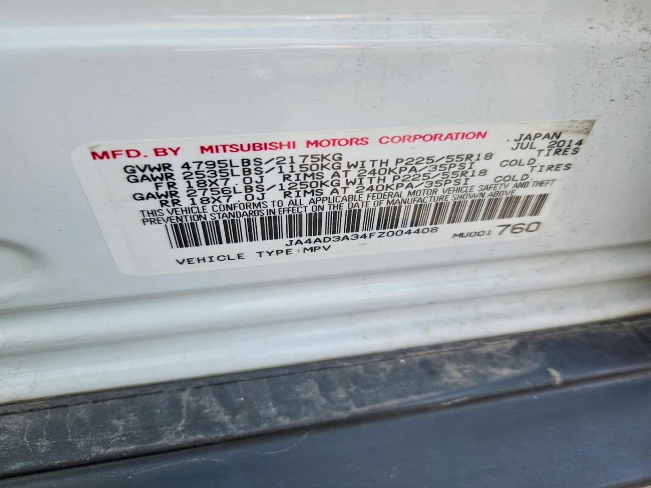 2015 Mitsubishi Outlander Se White vin: JA4AD3A34FZ004408