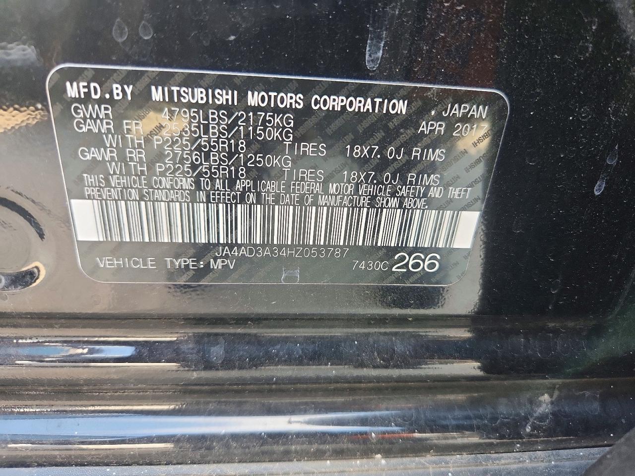 2017 Mitsubishi Outlander Se Black vin: JA4AD3A34HZ053787