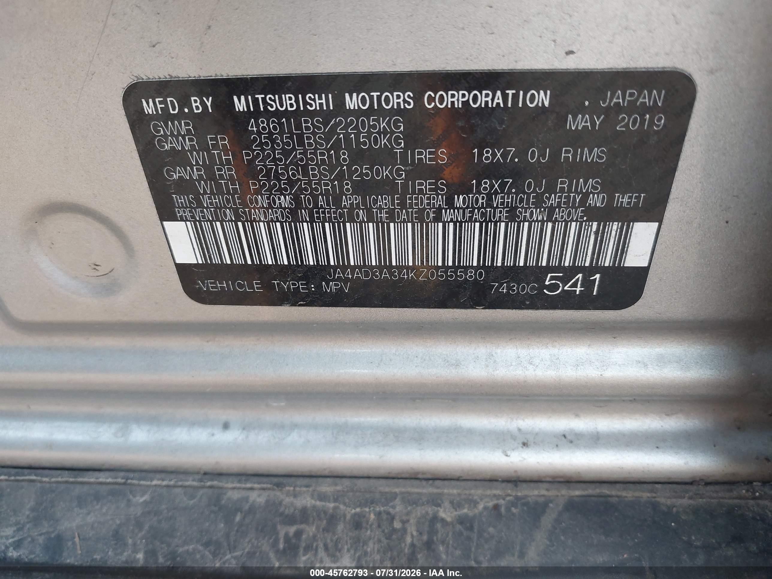 2019 Mitsubishi Outlander Se/sel/le Silver vin: JA4AD3A34KZ055580