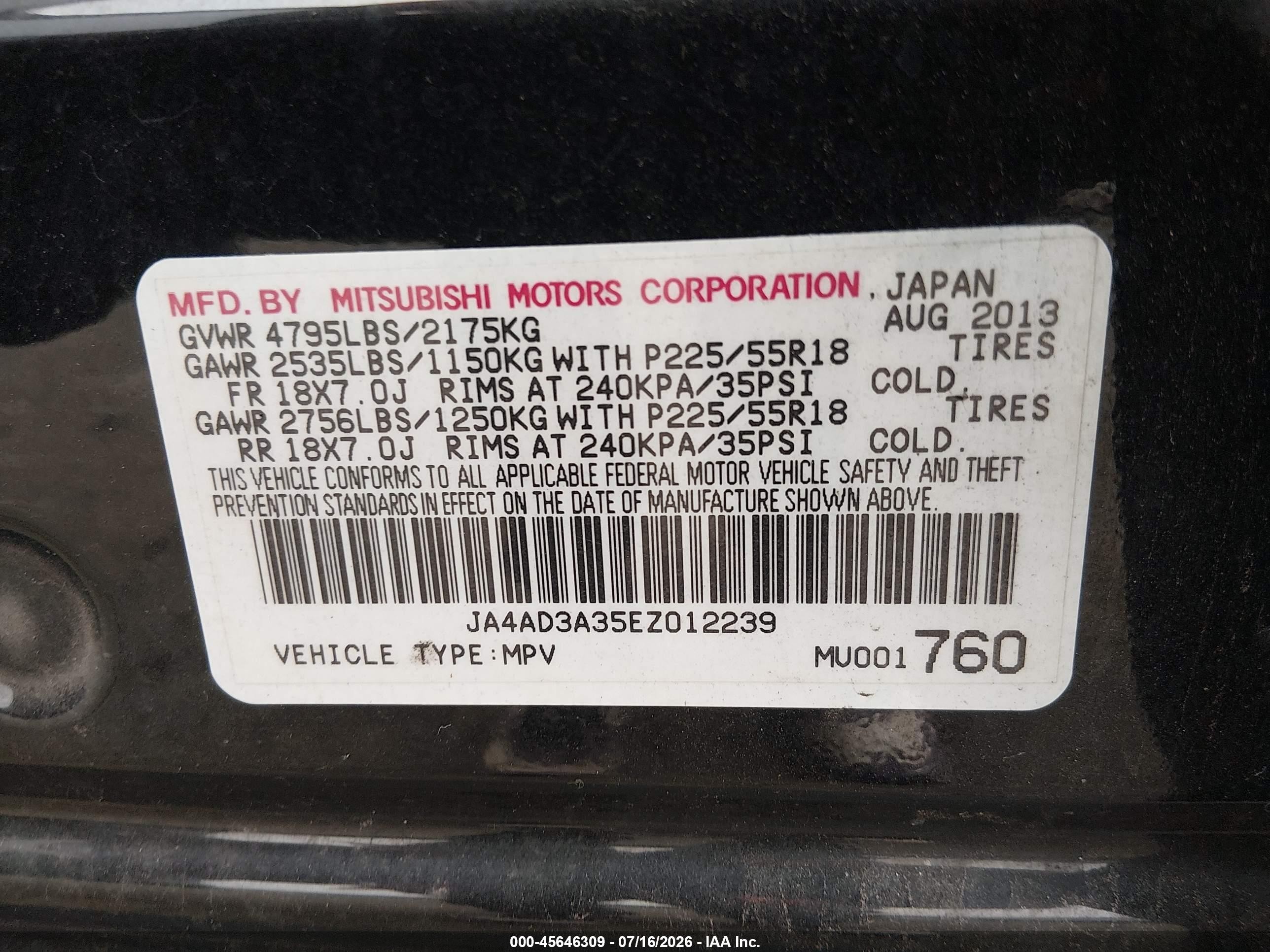 2014 Mitsubishi Outlander Se Black vin: JA4AD3A35EZ012239