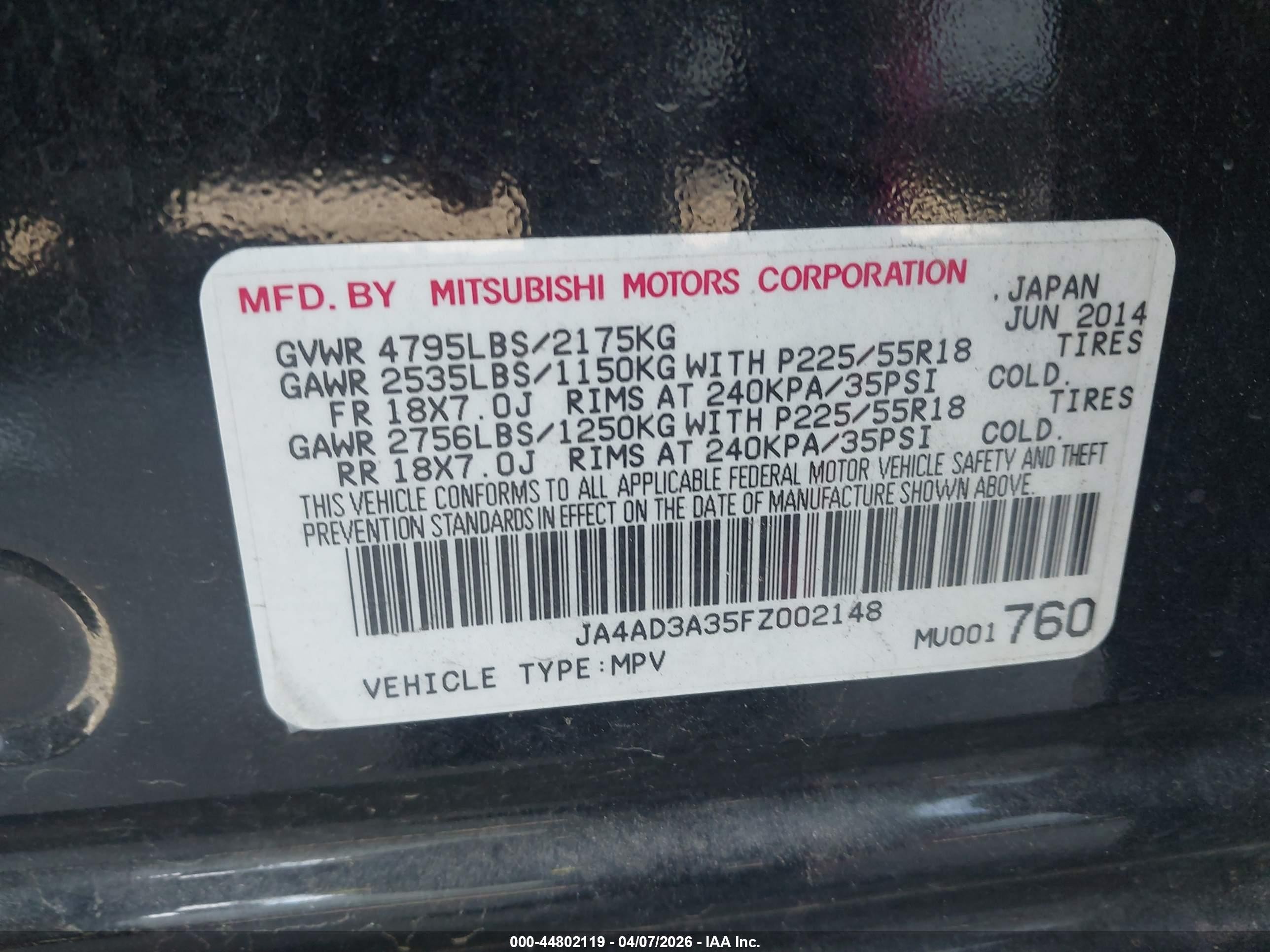 2015 Mitsubishi Outlander Se Black vin: JA4AD3A35FZ002148