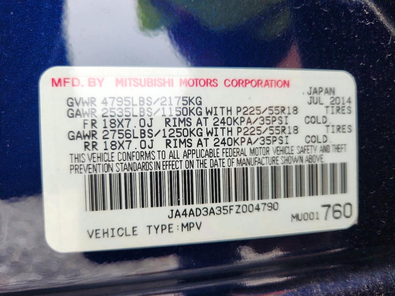 2015 Mitsubishi Outlander Se Blue vin: JA4AD3A35FZ004790