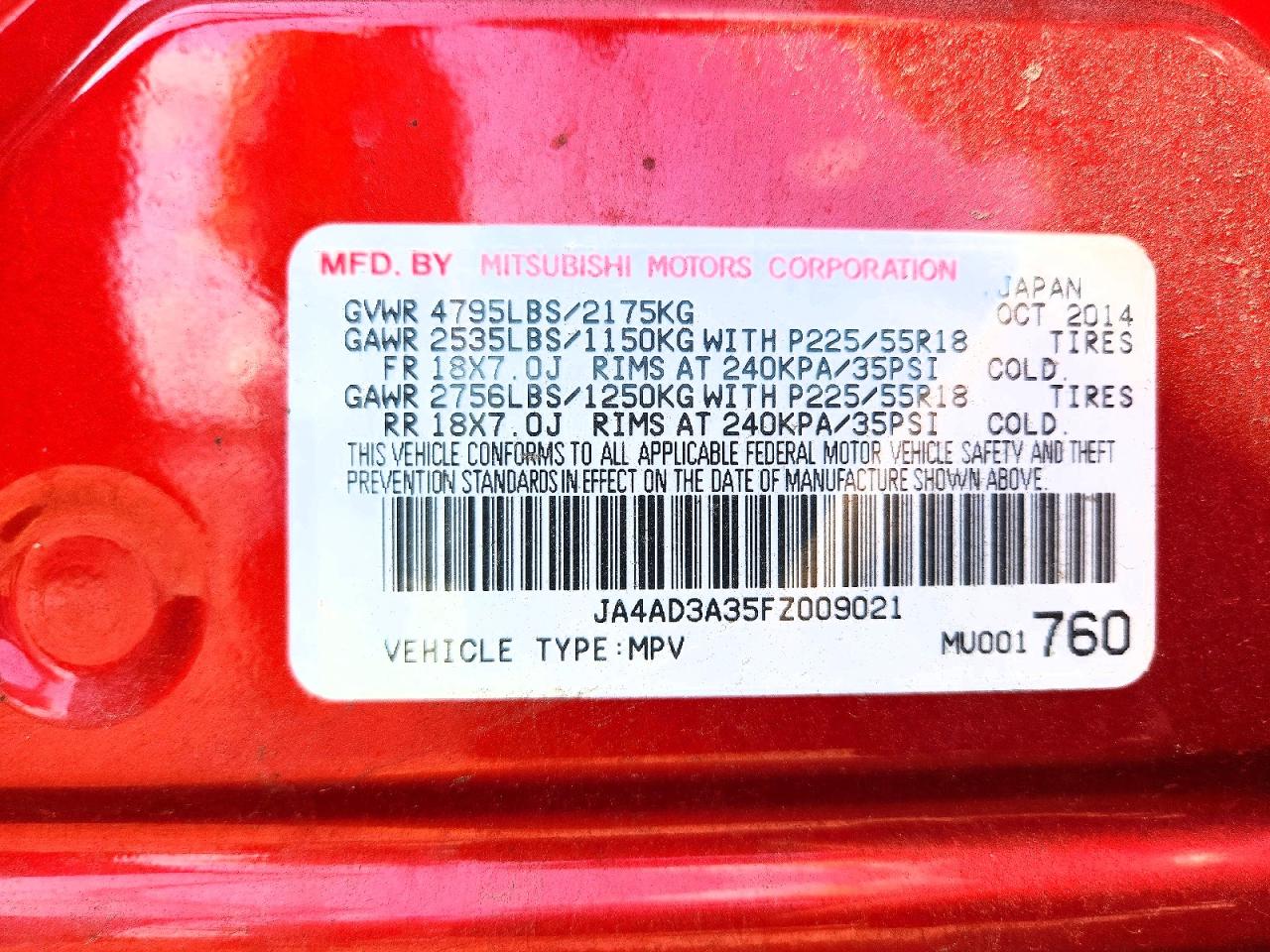 2015 Mitsubishi Outlander Se Red vin: JA4AD3A35FZ009021