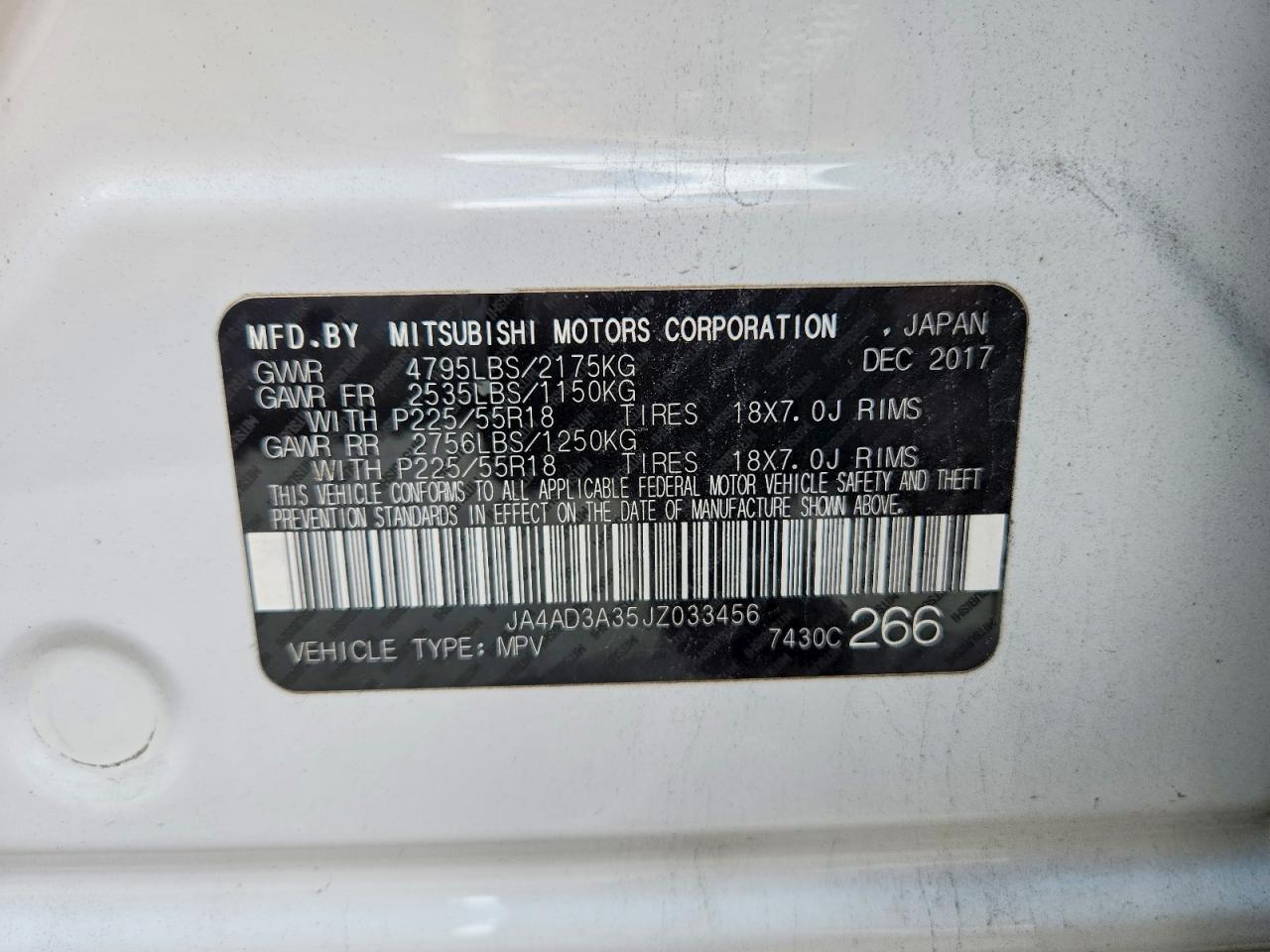2018 Mitsubishi Outlander Se White vin: JA4AD3A35JZ033456