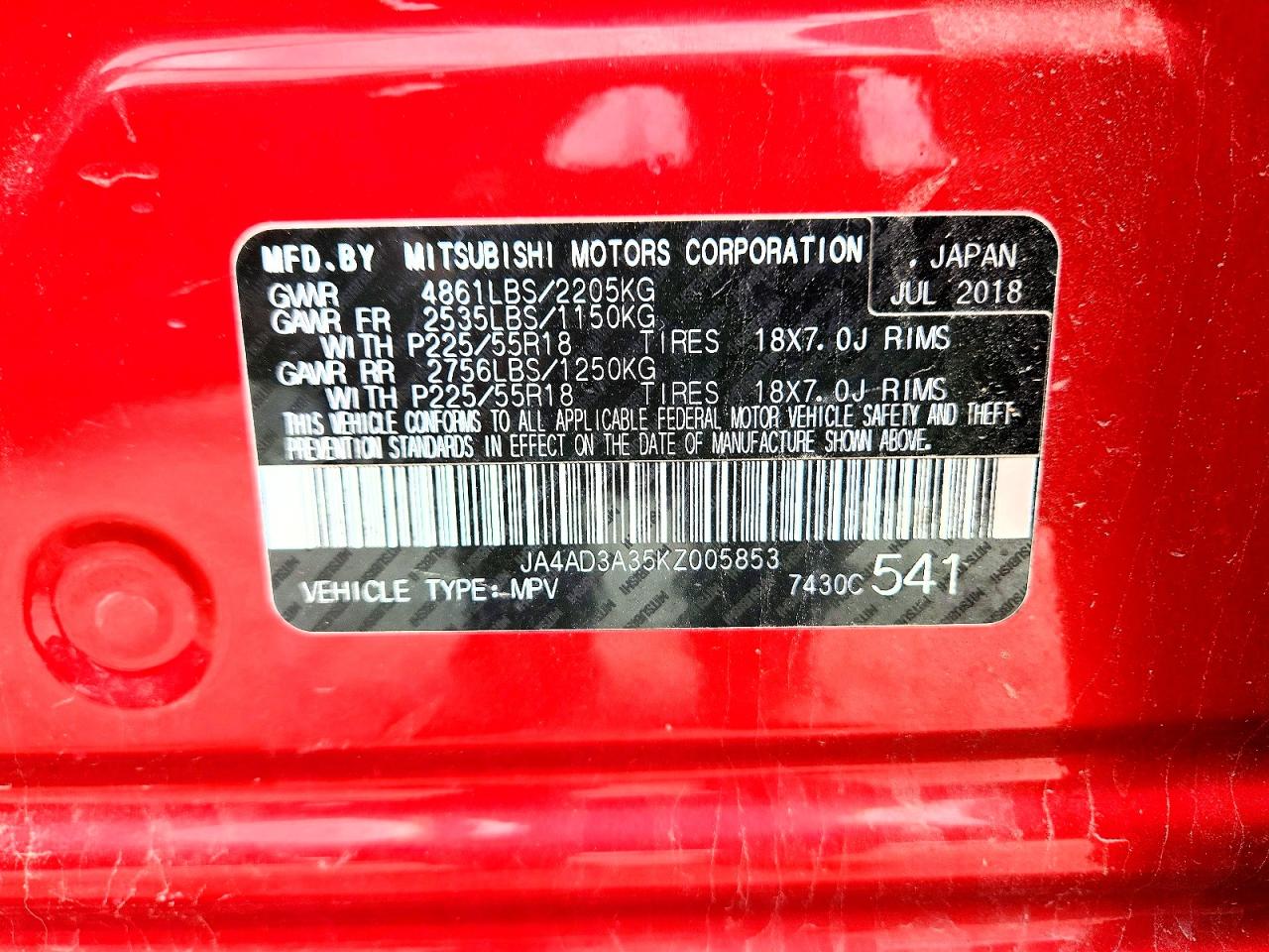 2019 Mitsubishi Outlander Se Red vin: JA4AD3A35KZ005853