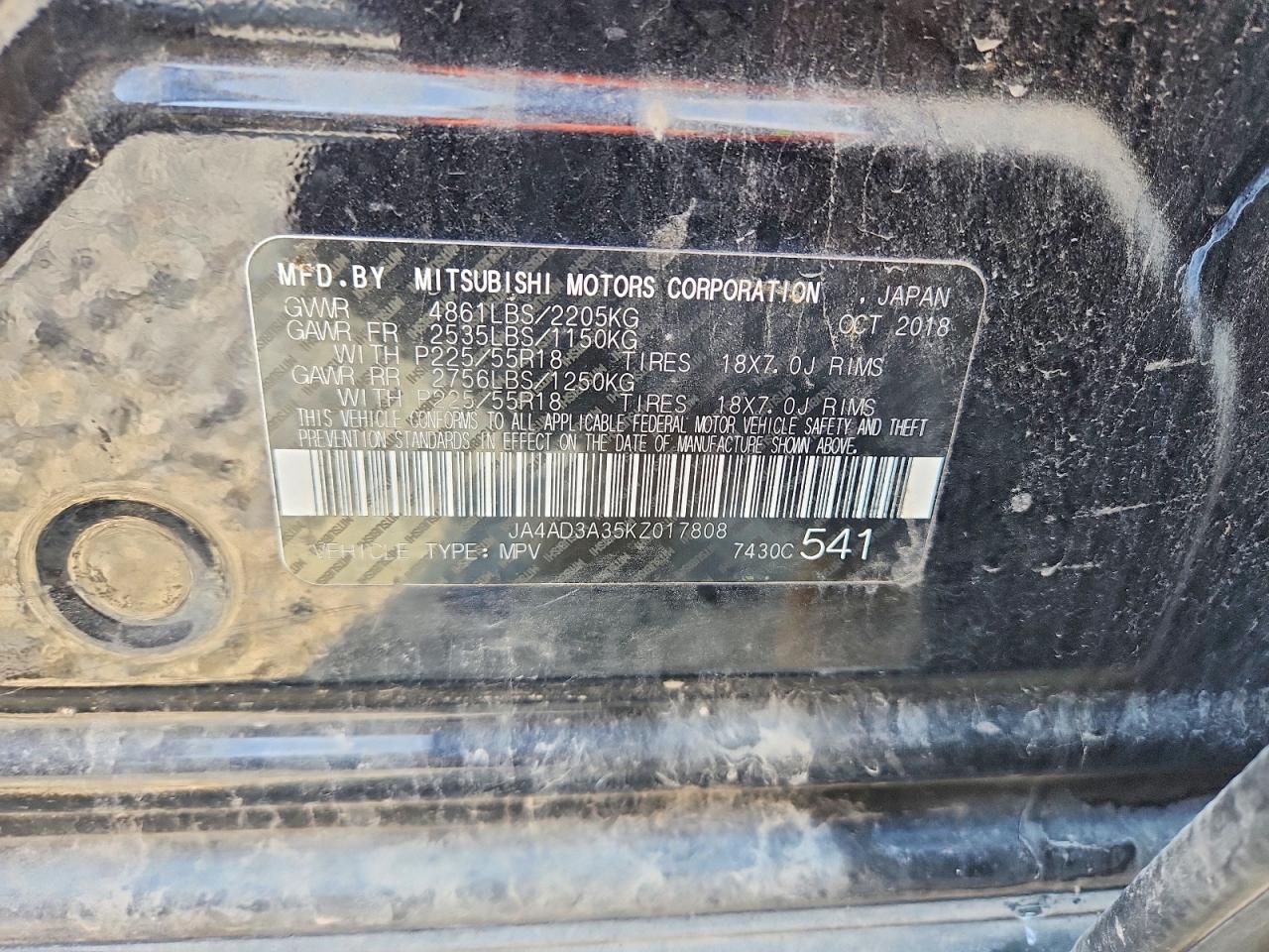 2019 Mitsubishi Outlander Se Черный vin: JA4AD3A35KZ017808