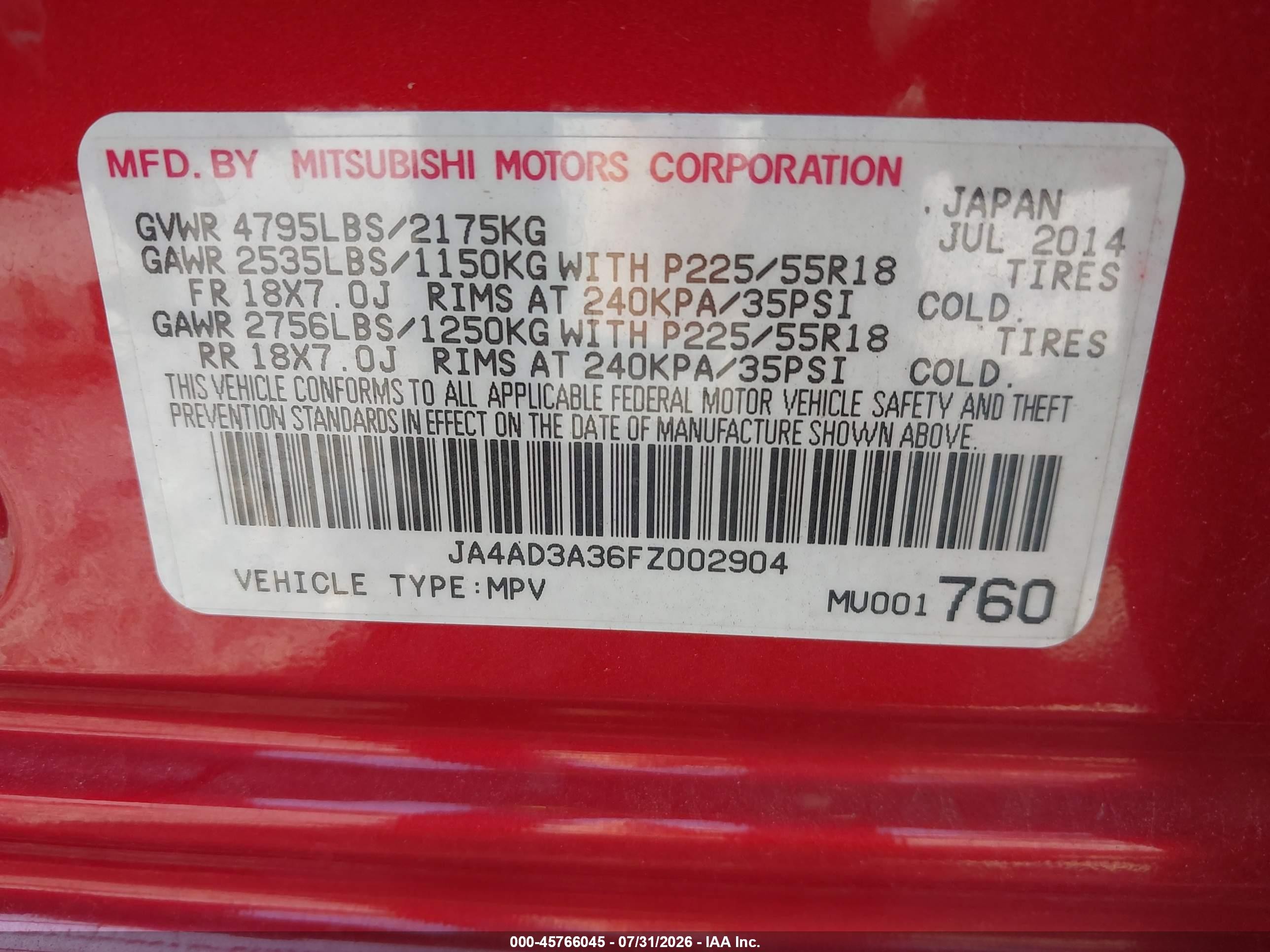 2015 Mitsubishi Outlander Se Red vin: JA4AD3A36FZ002904