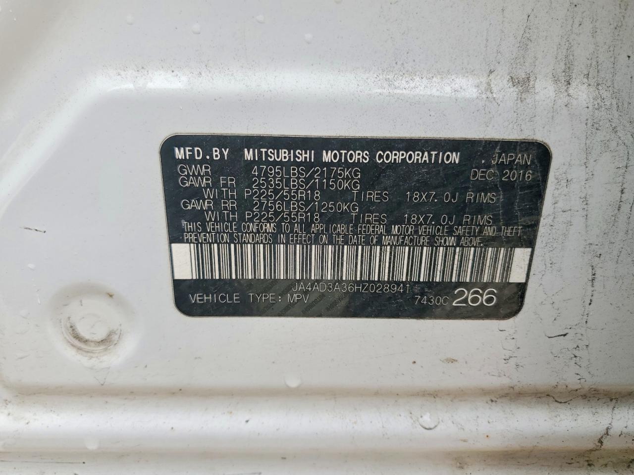 2017 Mitsubishi Outlander Se White vin: JA4AD3A36HZ028941
