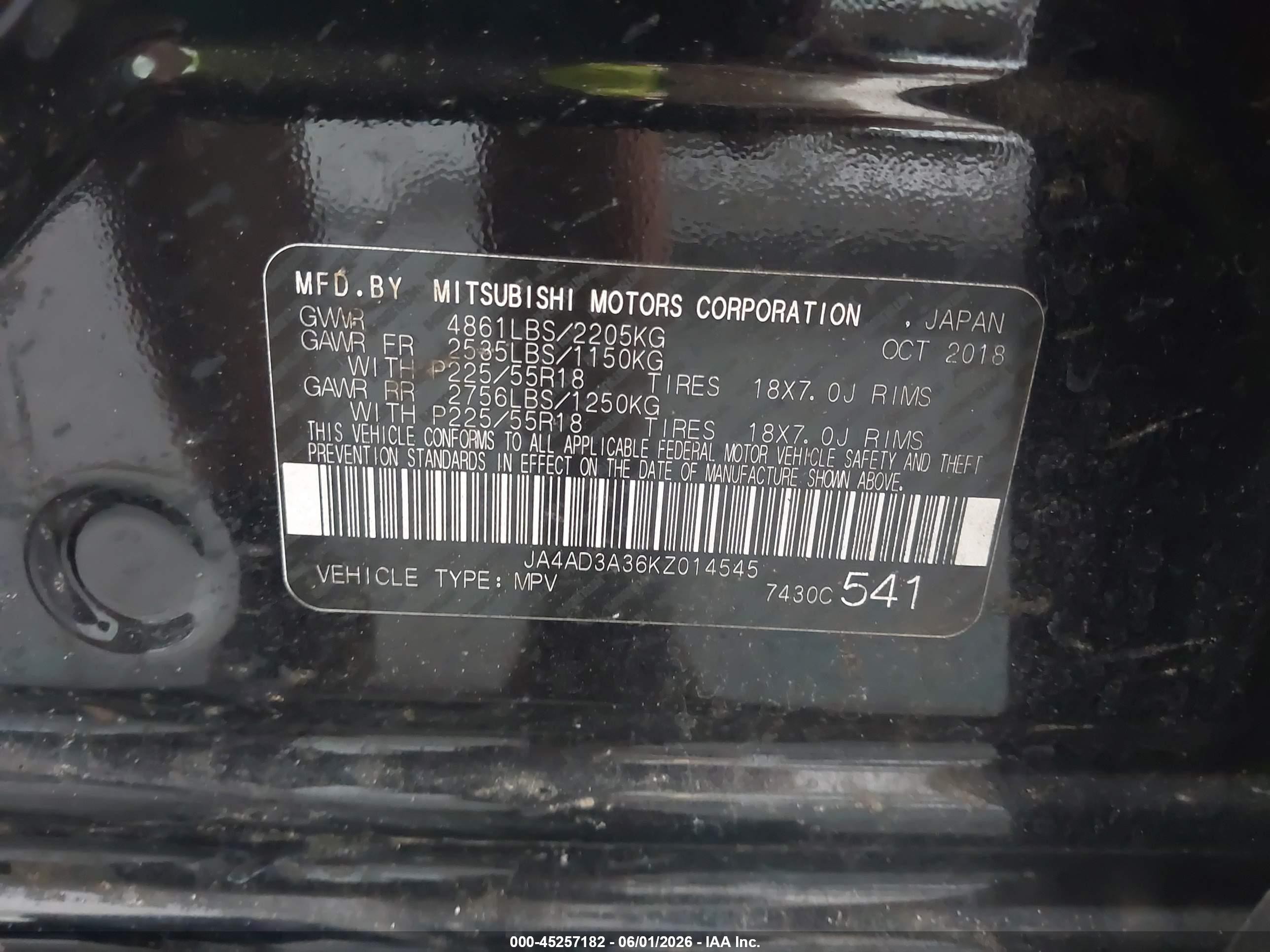 2019 Mitsubishi Outlander Sel Black vin: JA4AD3A36KZ014545