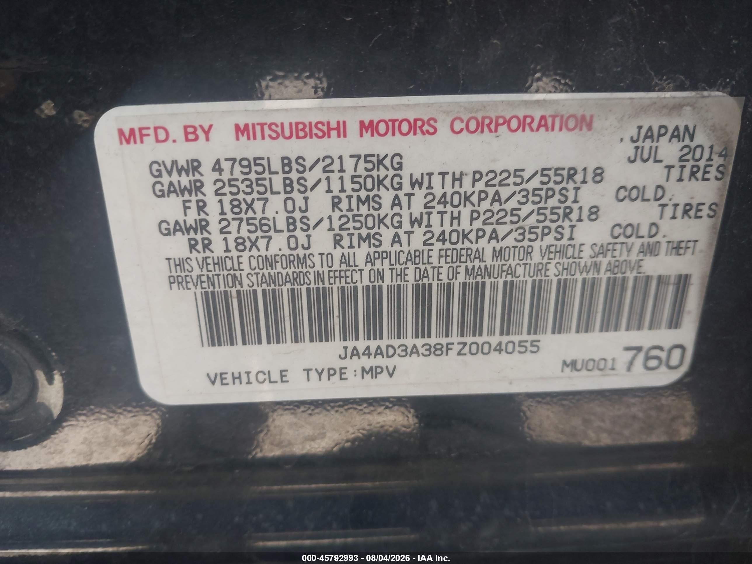 2015 Mitsubishi Outlander Se Черный vin: JA4AD3A38FZ004055