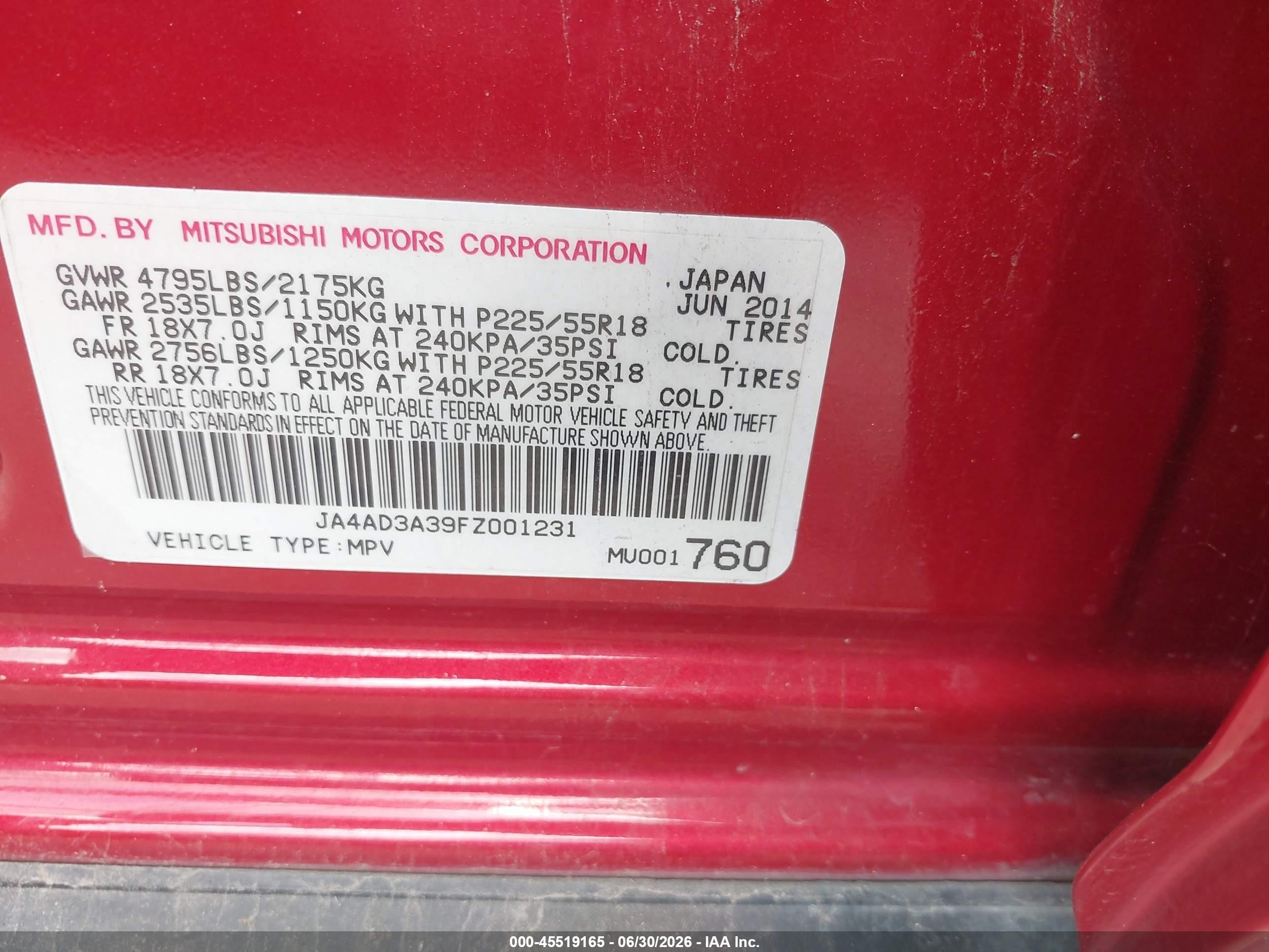 2015 Mitsubishi Outlander Se Red vin: JA4AD3A39FZ001231