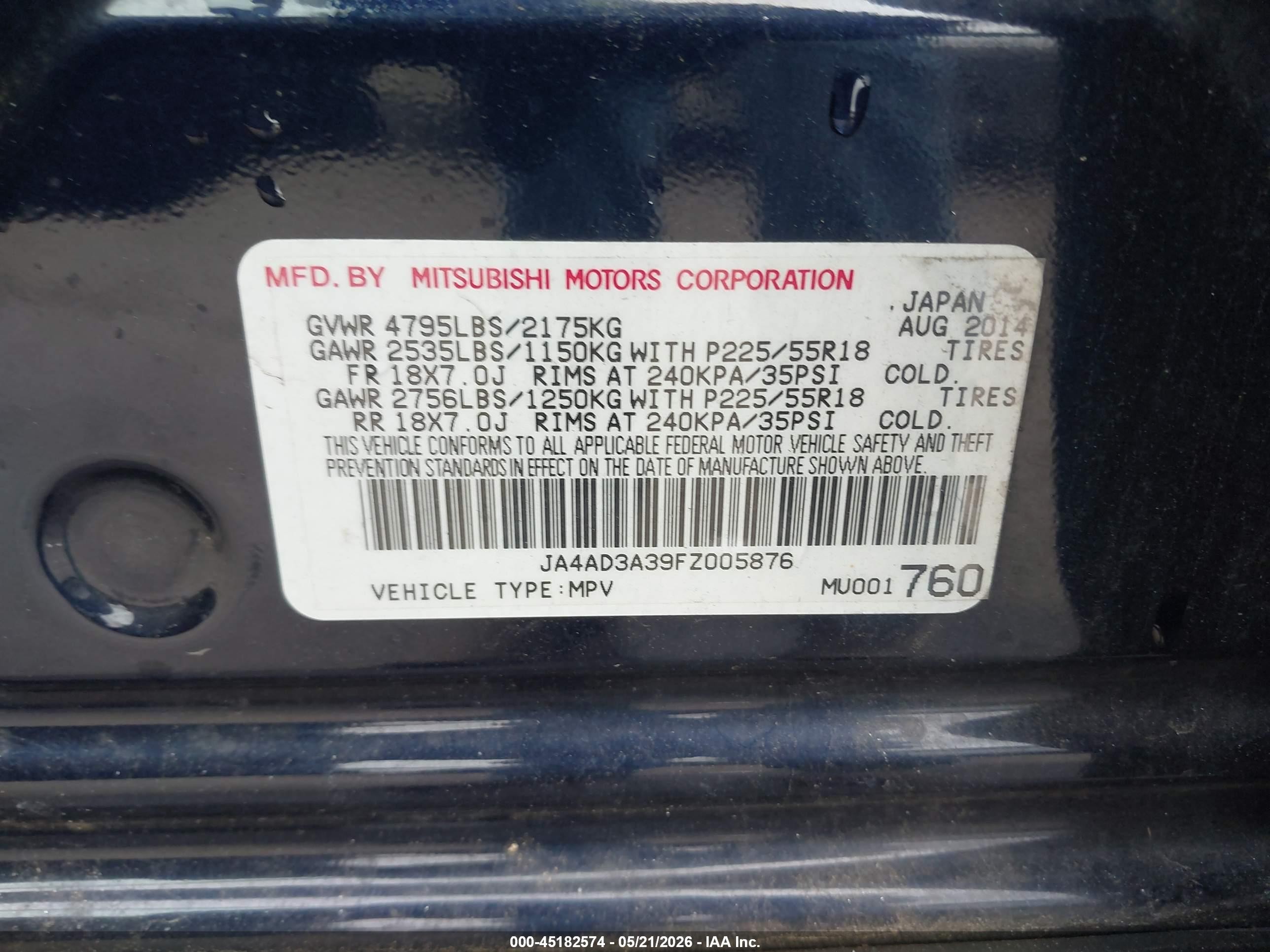 2015 Mitsubishi Outlander Se Blue vin: JA4AD3A39FZ005876