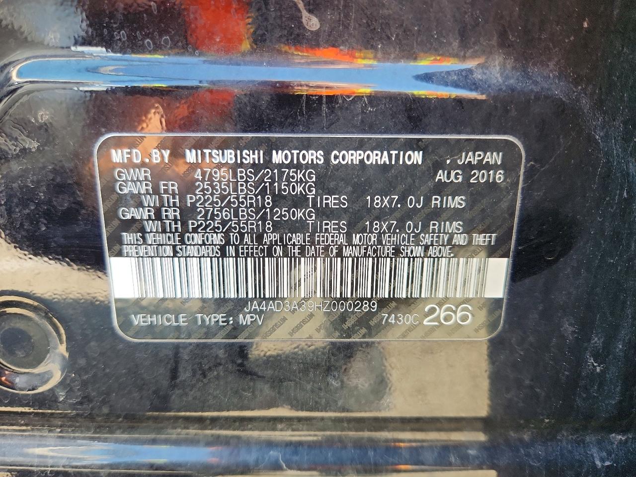 2017 Mitsubishi Outlander Se Black vin: JA4AD3A39HZ000289