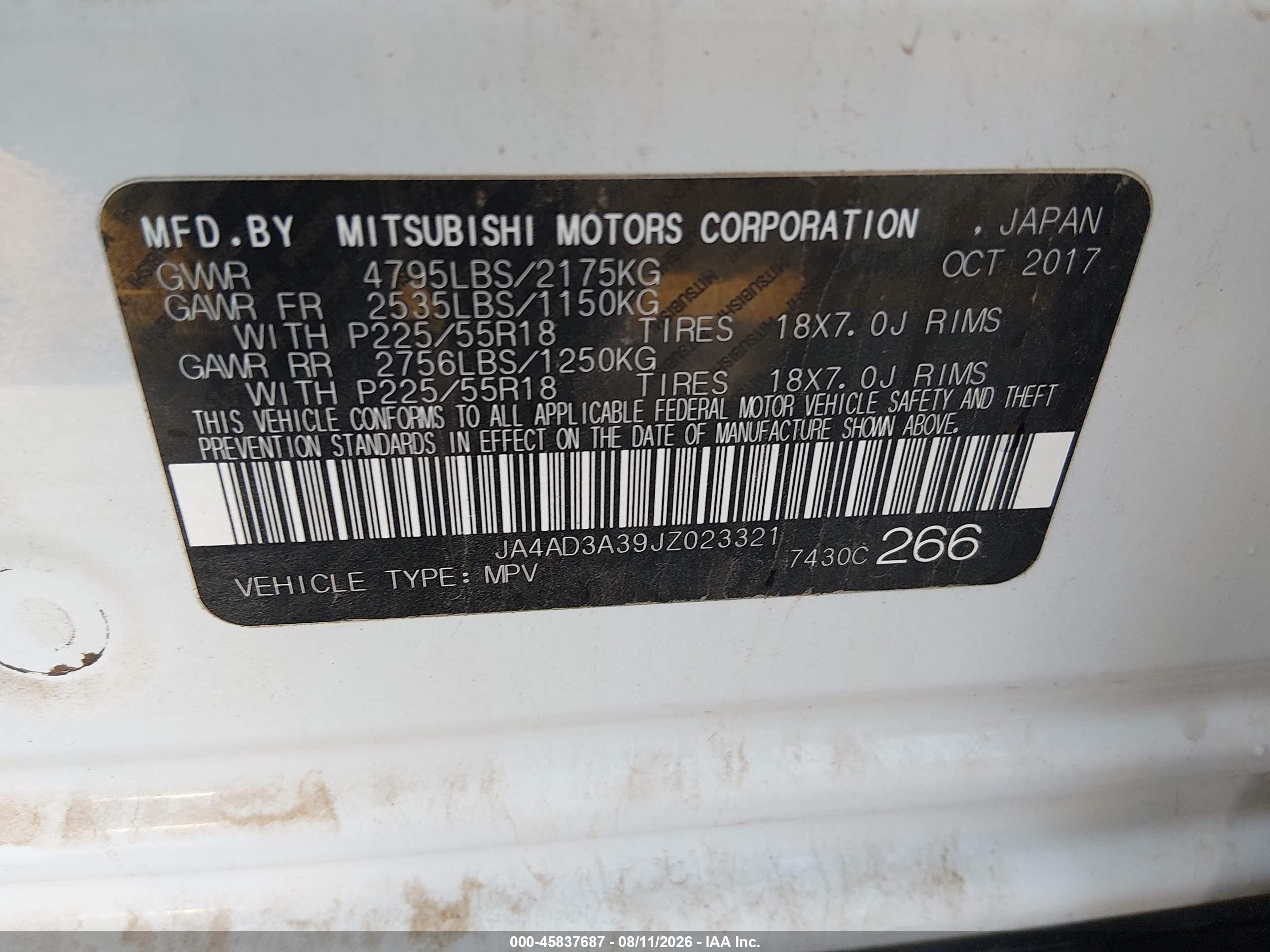 2018 Mitsubishi Outlander Se White vin: JA4AD3A39JZ023321