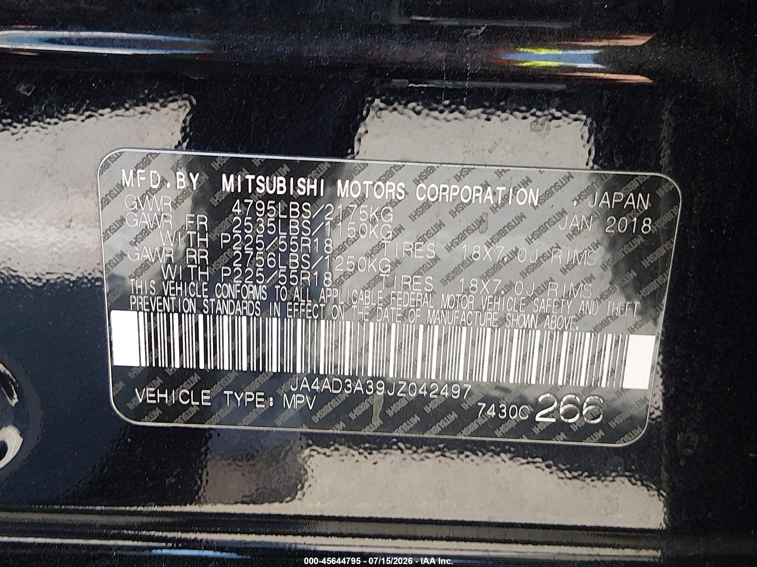 2018 Mitsubishi Outlander Se Black vin: JA4AD3A39JZ042497