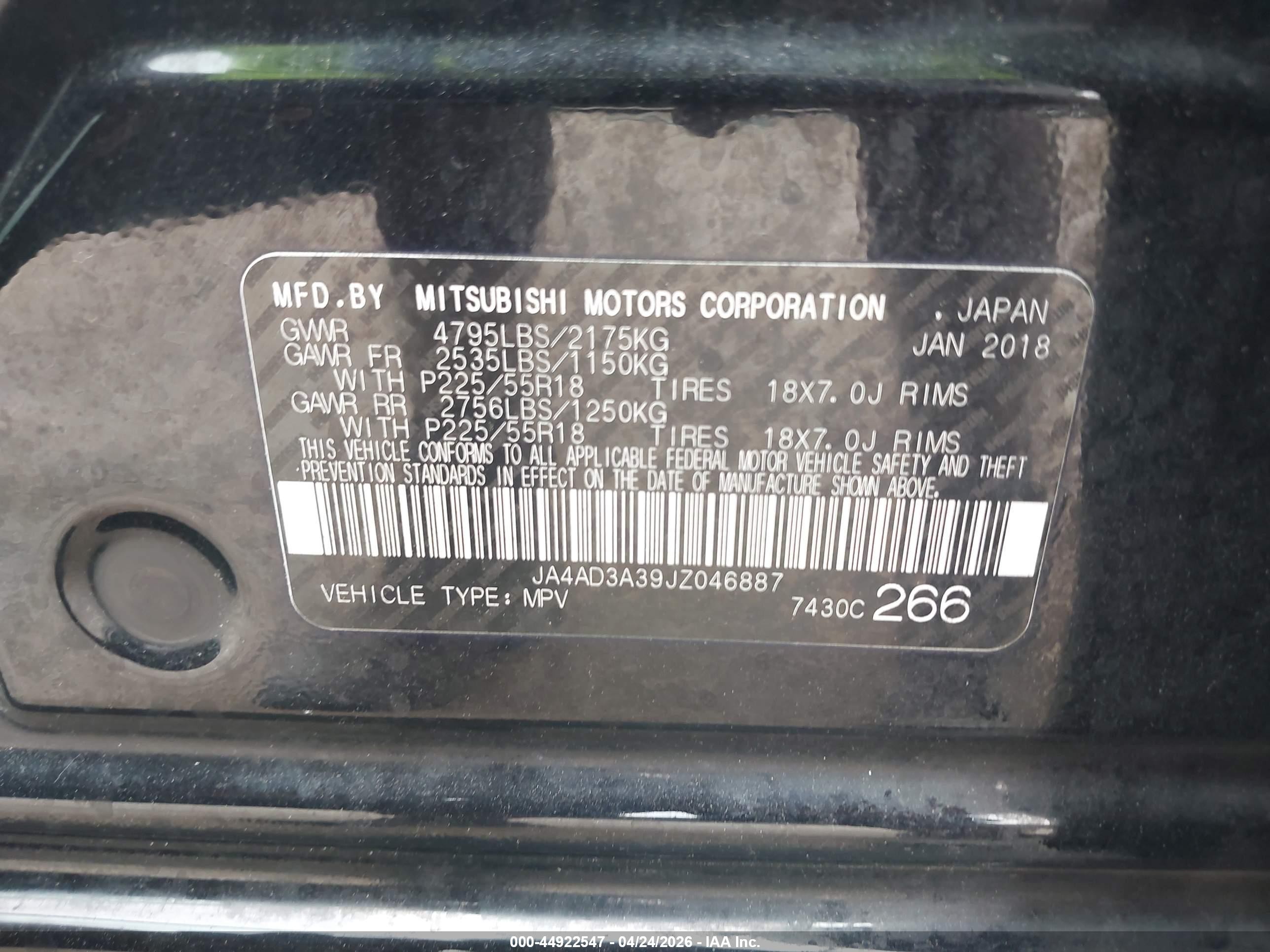 2018 Mitsubishi Outlander Le Черный vin: JA4AD3A39JZ046887