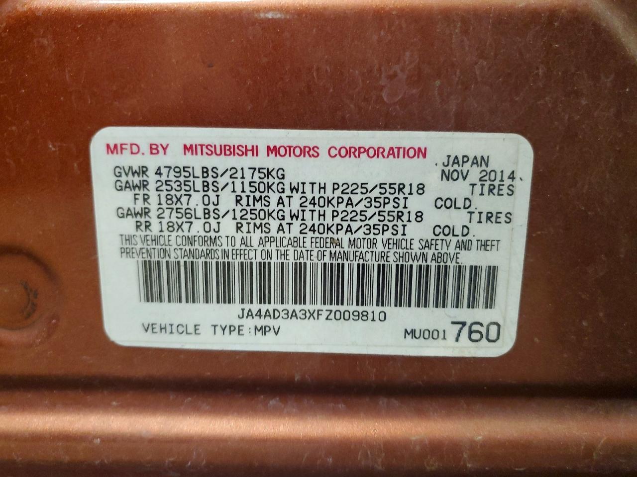 2015 Mitsubishi Outlander Se Orange vin: JA4AD3A3XFZ009810