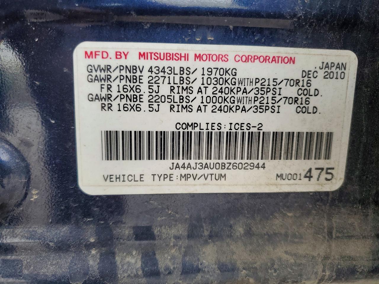 2011 Mitsubishi Rvr Se Синий vin: JA4AJ3AU0BZ602944