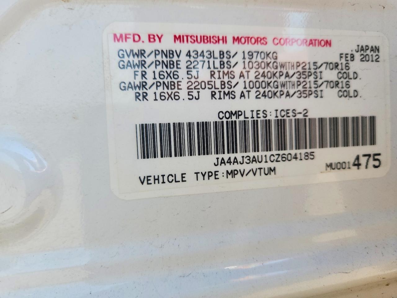 2012 Mitsubishi Rvr Se White vin: JA4AJ3AU1CZ604185