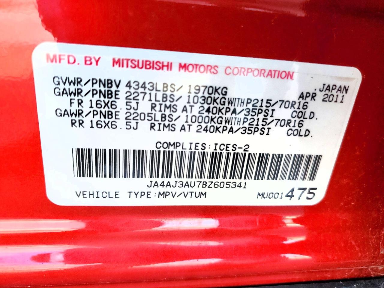 2011 Mitsubishi Rvr Se Red vin: JA4AJ3AU7BZ605341
