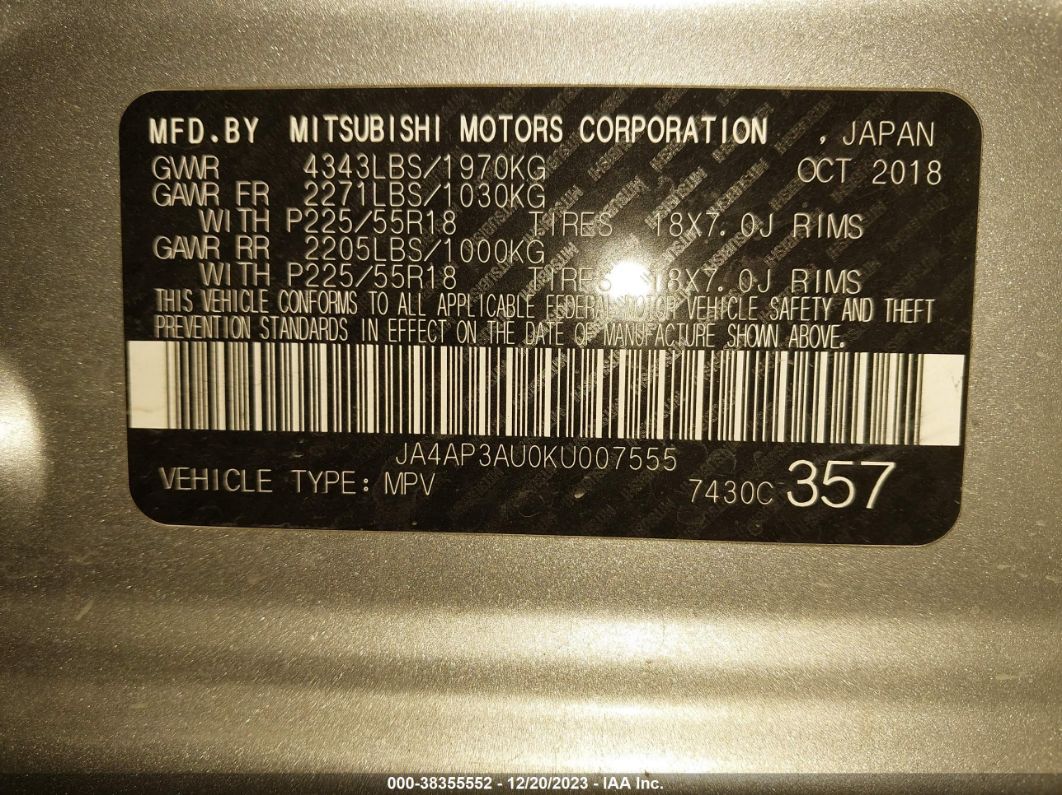 2019 Mitsubishi Outlander Sport 2.0 Es Silver vin: JA4AP3AU0KU007555