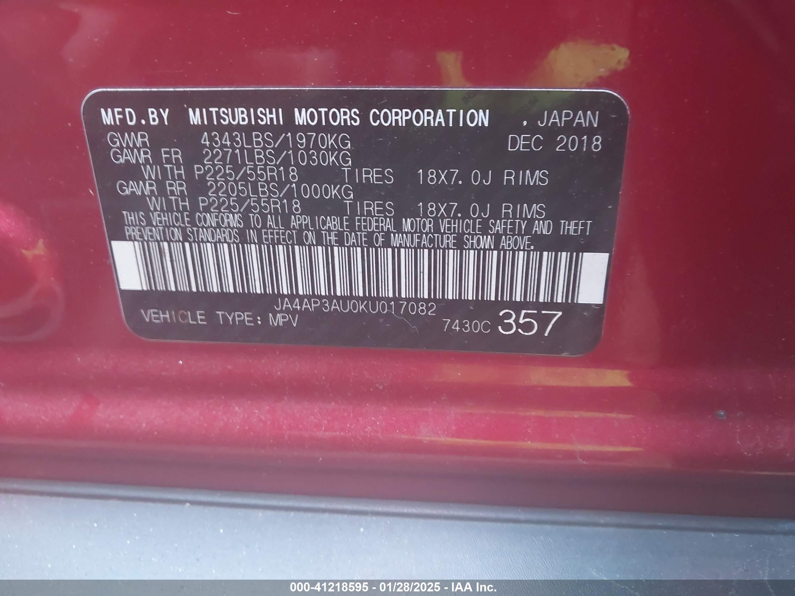 2019 Mitsubishi Outlander Sport 2.0 Es/2.0 Le/2.0 Sp Red vin: JA4AP3AU0KU017082