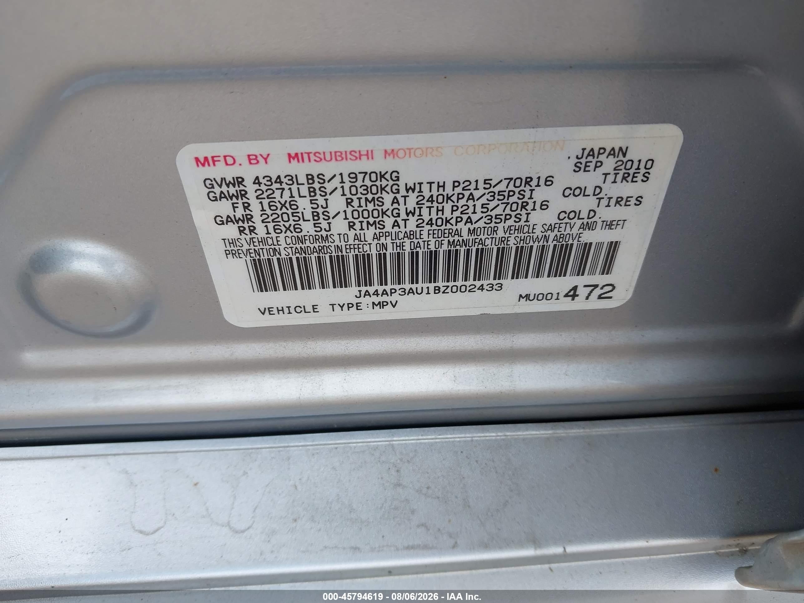 2011 Mitsubishi Outlander Sport Es Silver vin: JA4AP3AU1BZ002433