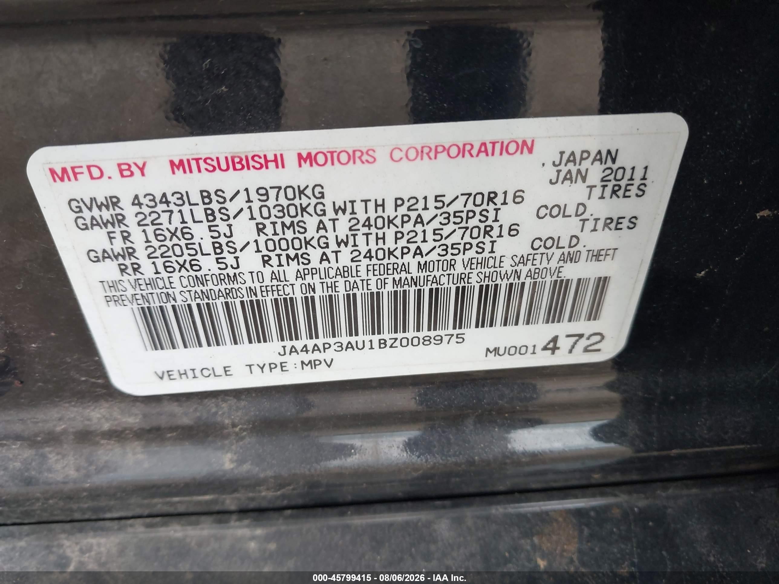 2011 Mitsubishi Outlander Sport Es Черный vin: JA4AP3AU1BZ008975
