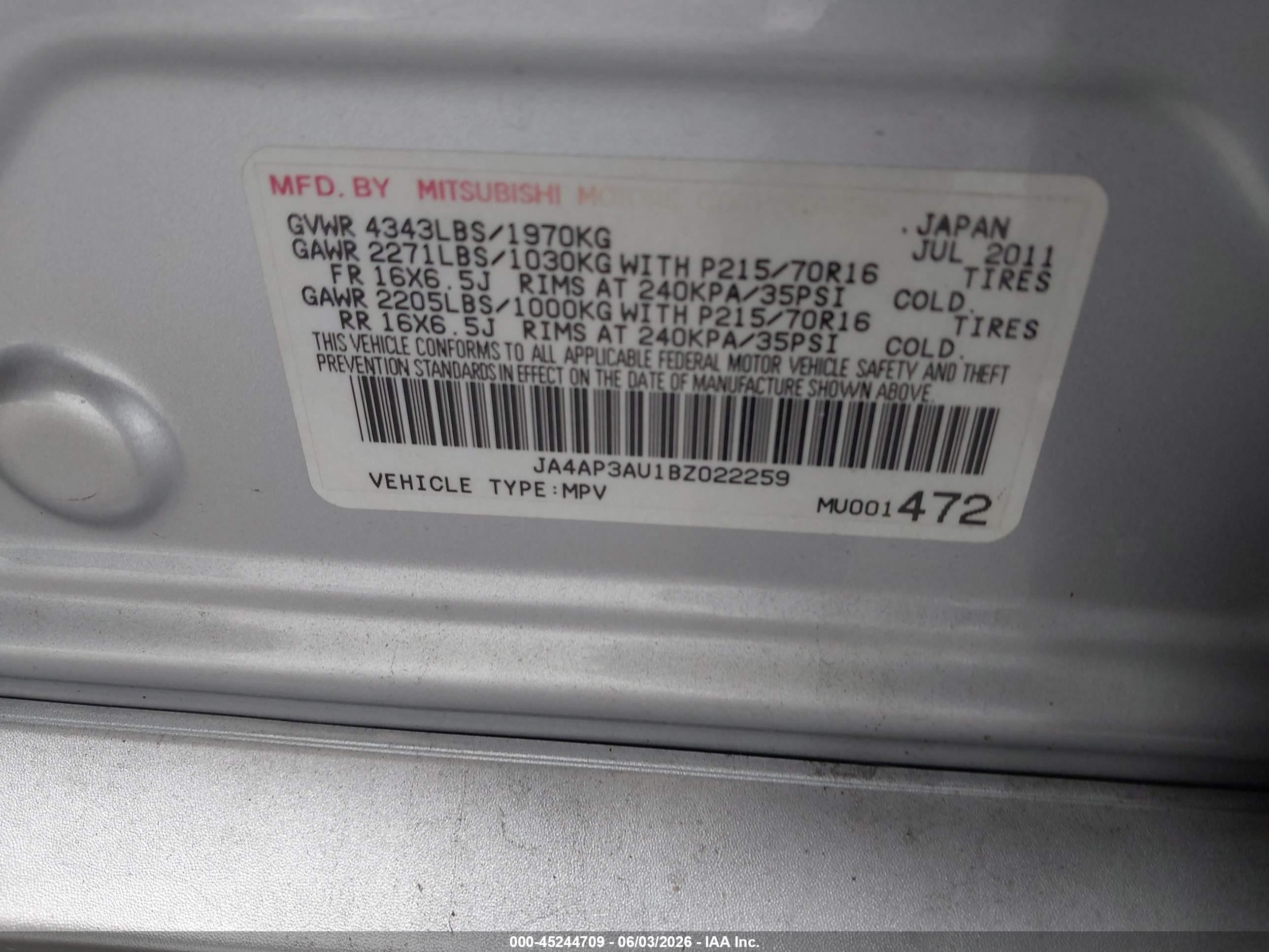 2011 Mitsubishi Outlander Sport Es Silver vin: JA4AP3AU1BZ022259