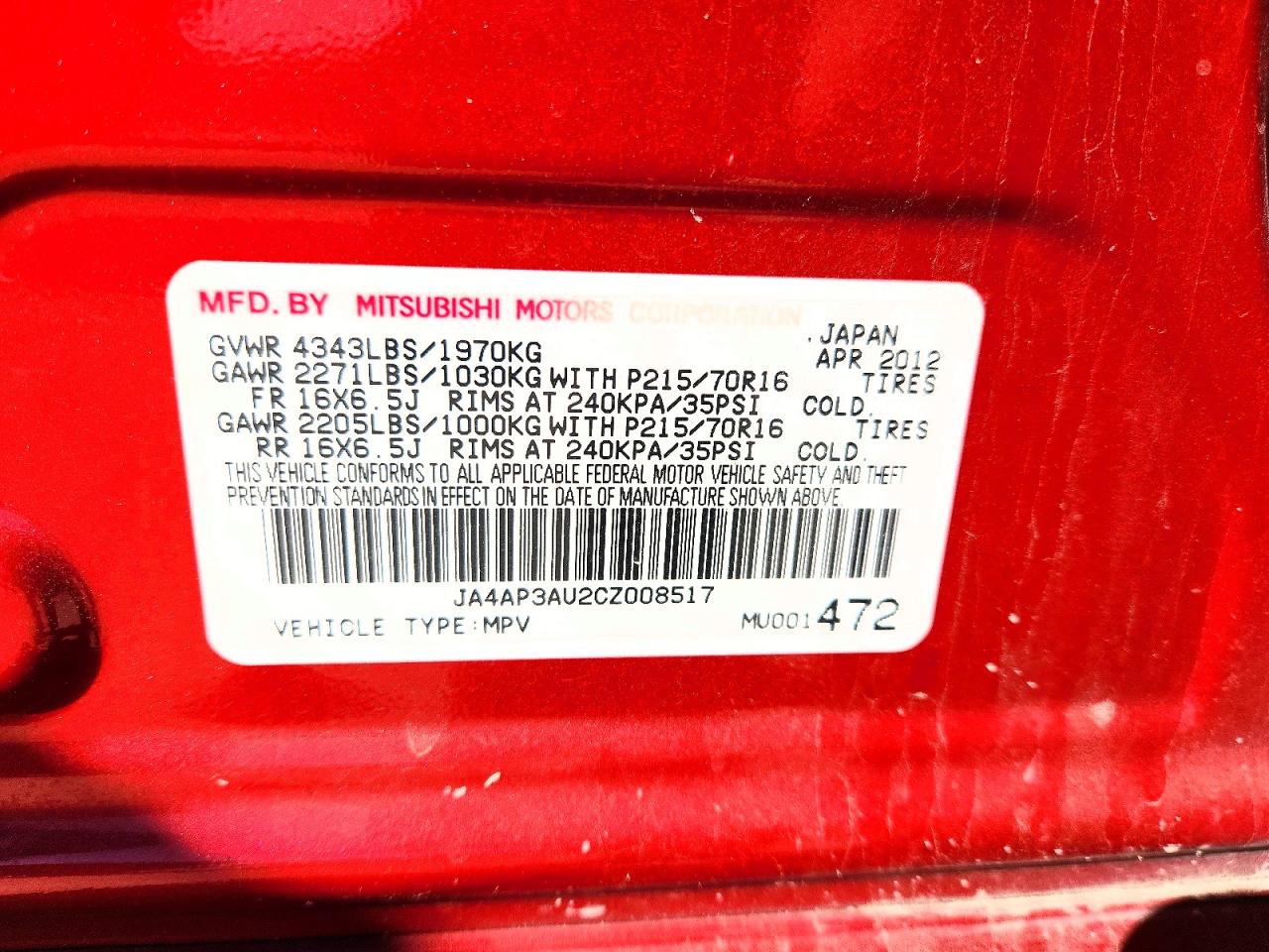 2012 Mitsubishi Outlander Sport Es Red vin: JA4AP3AU2CZ008517