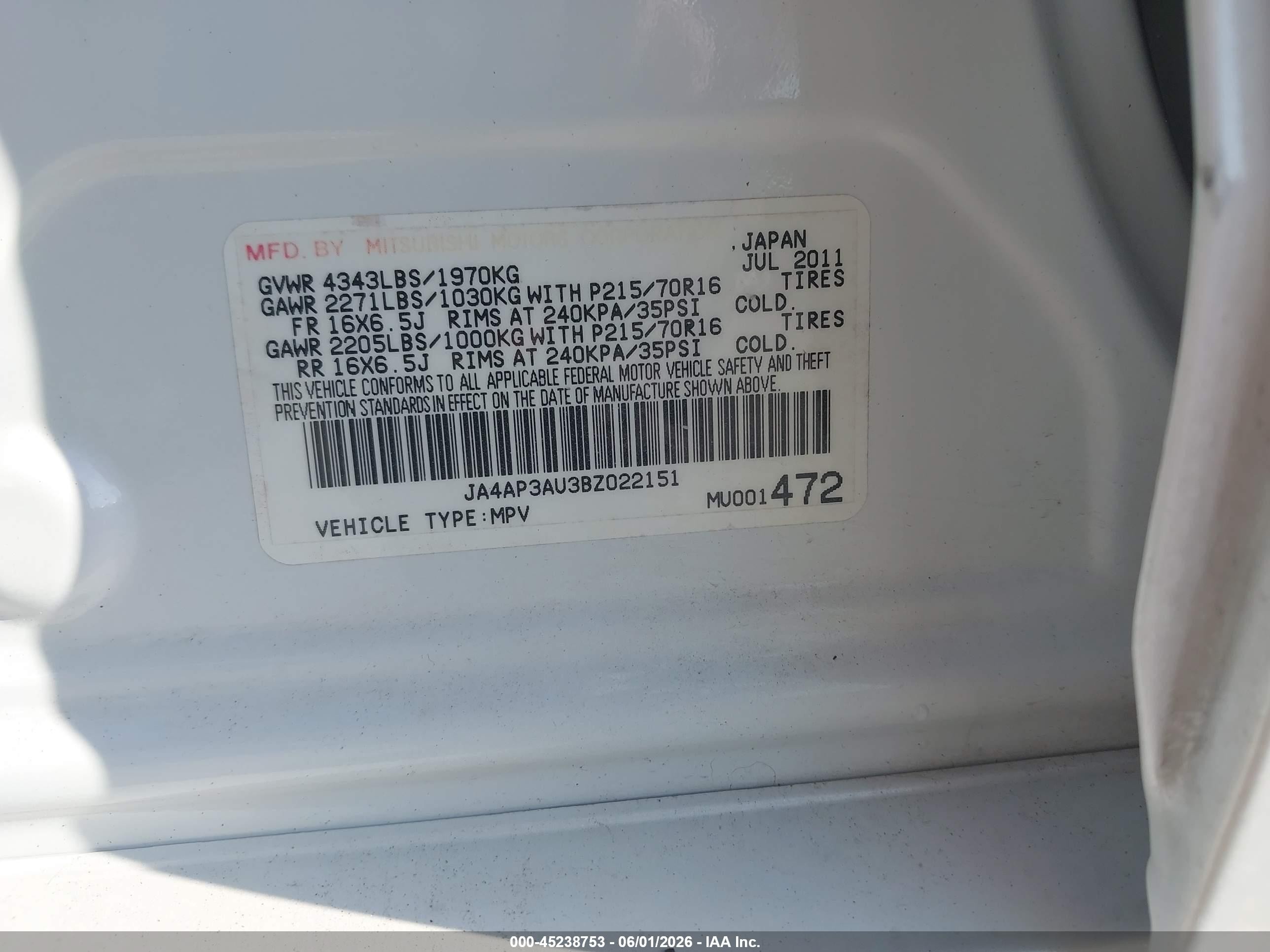 2011 Mitsubishi Outlander Sport Es White vin: JA4AP3AU3BZ022151