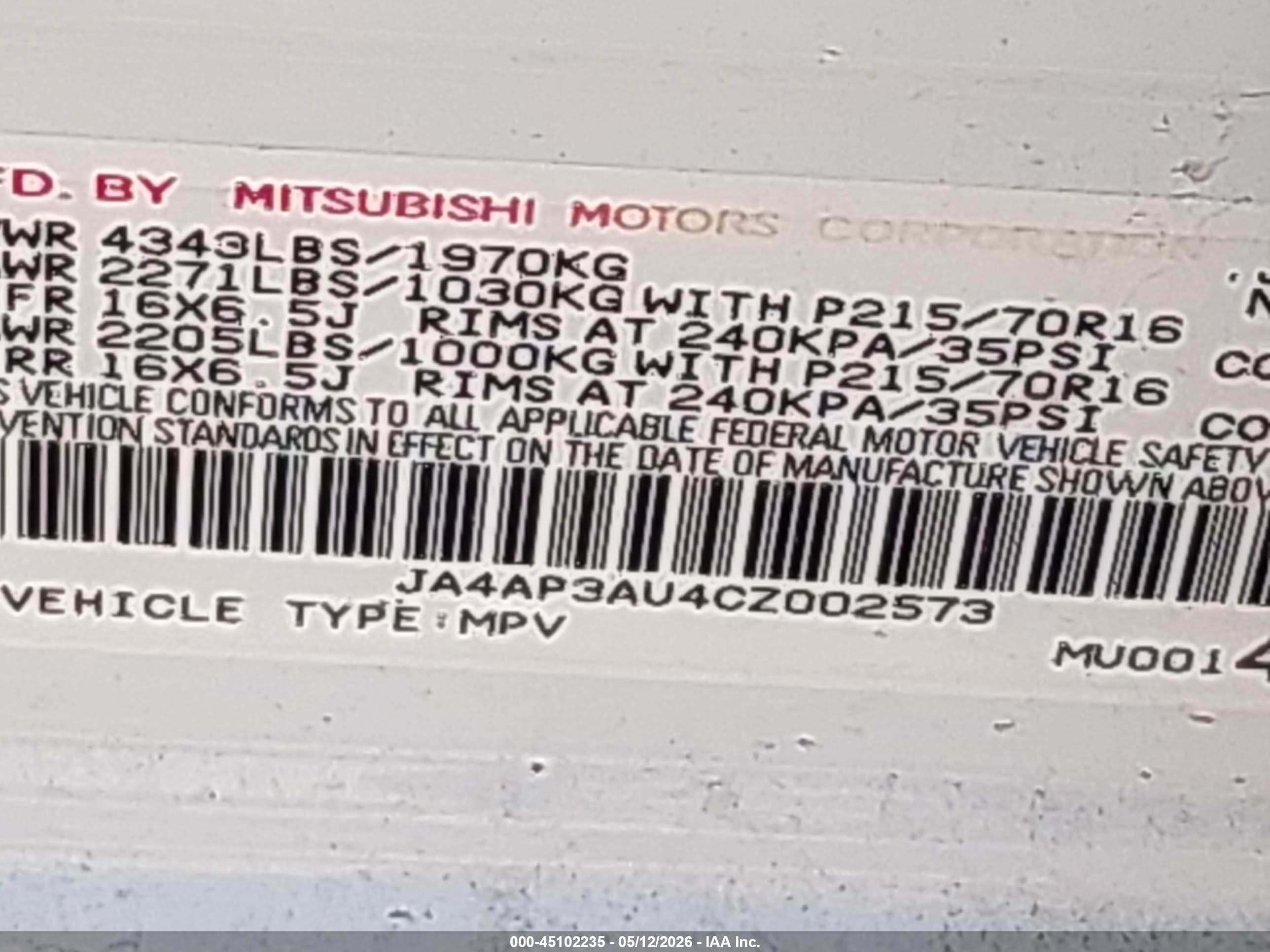 2012 Mitsubishi Outlander Sport Es Белый vin: JA4AP3AU4CZ002573