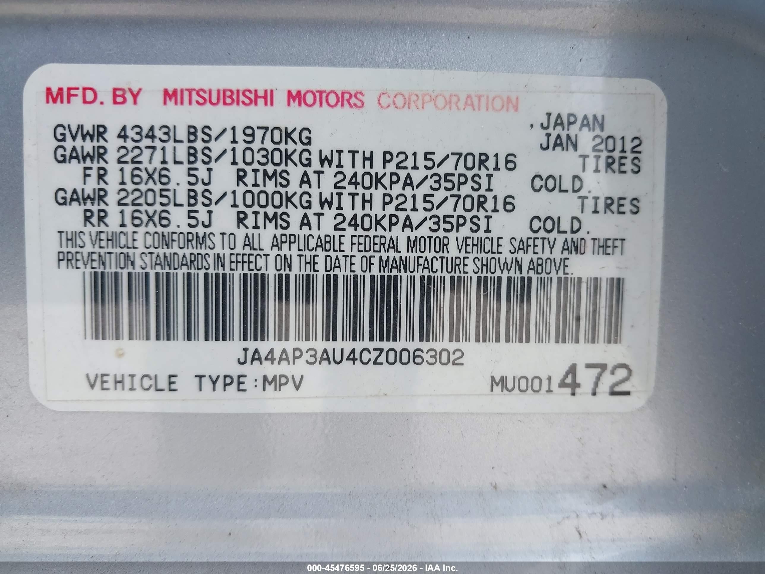 2012 Mitsubishi Outlander Sport Es Silver vin: JA4AP3AU4CZ006302