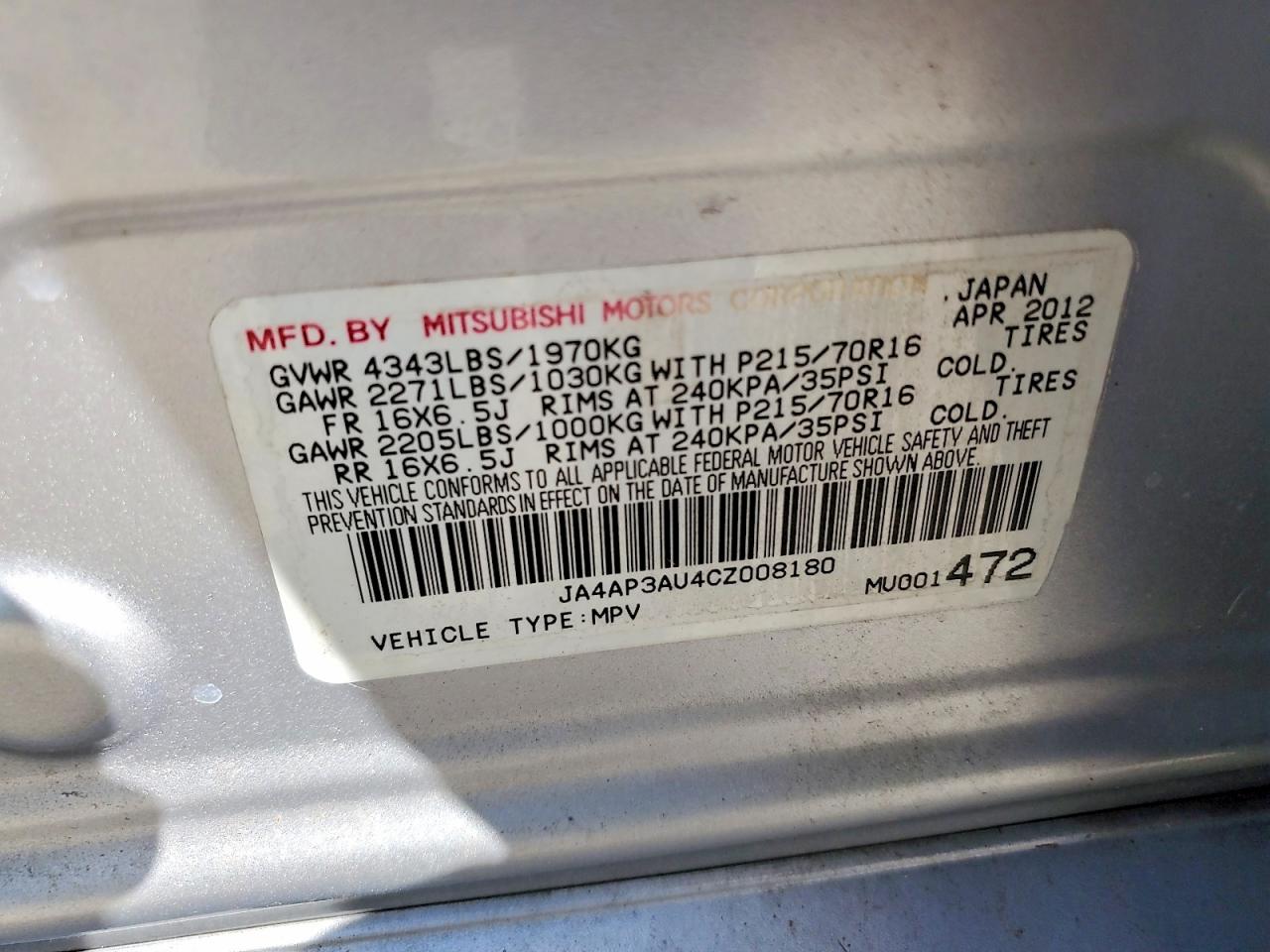 2012 Mitsubishi Outlander Sport Es Silver vin: JA4AP3AU4CZ008180