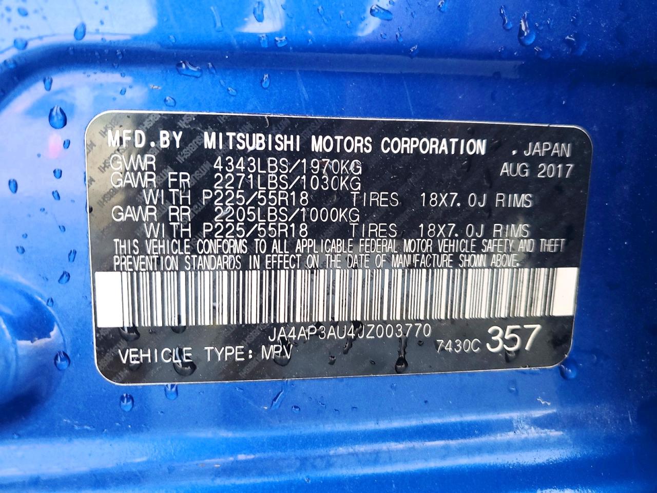 2018 Mitsubishi Outlander Sport Es Blue vin: JA4AP3AU4JZ003770