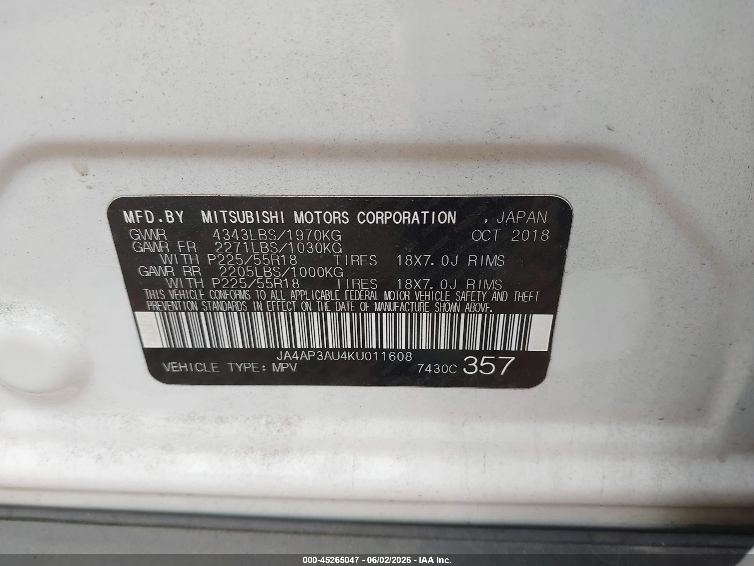2019 Mitsubishi Outlander Sport 2.0 Es White vin: JA4AP3AU4KU011608