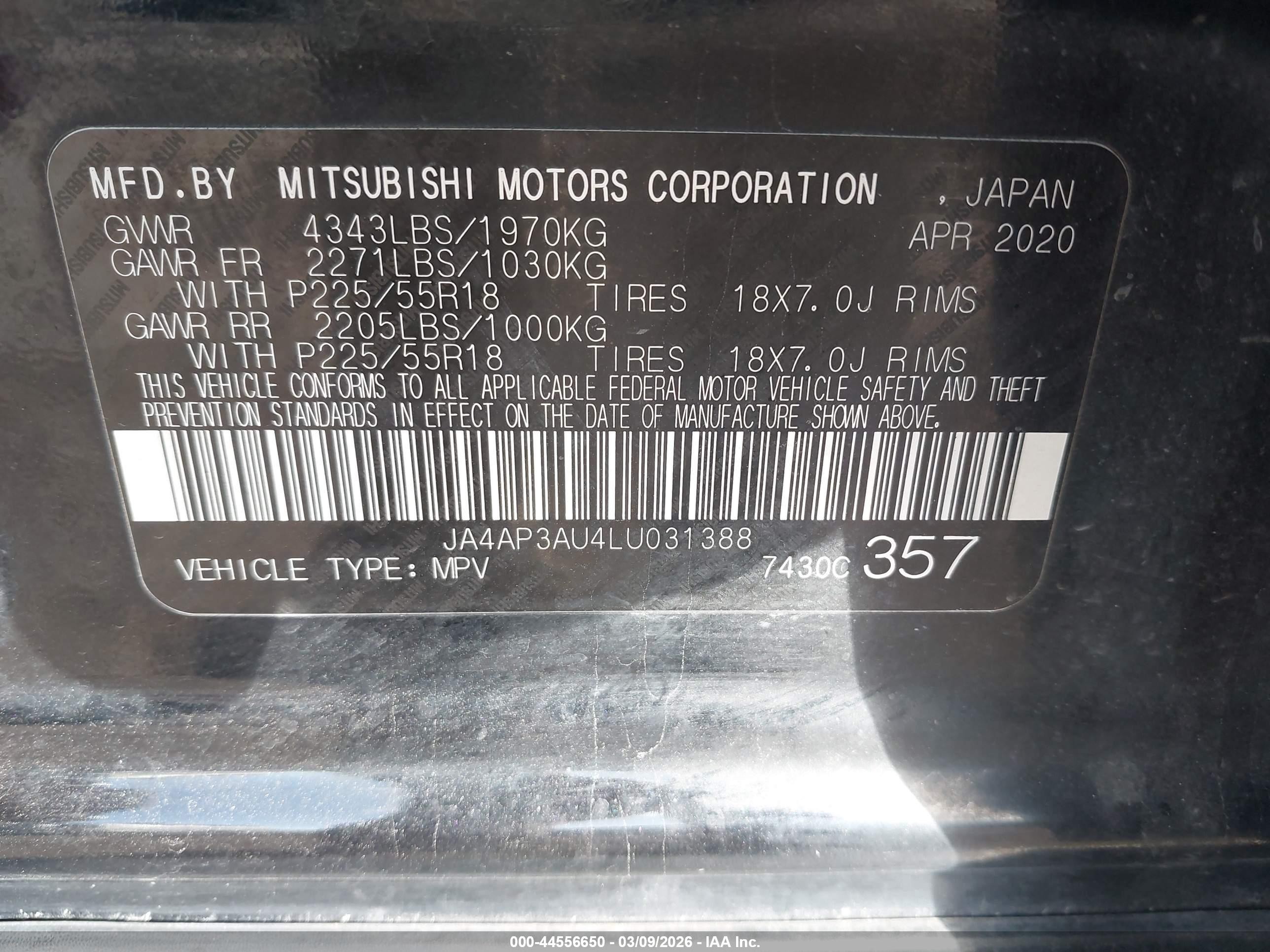 2020 Mitsubishi Outlander Sport 2.0 Es Black vin: JA4AP3AU4LU031388