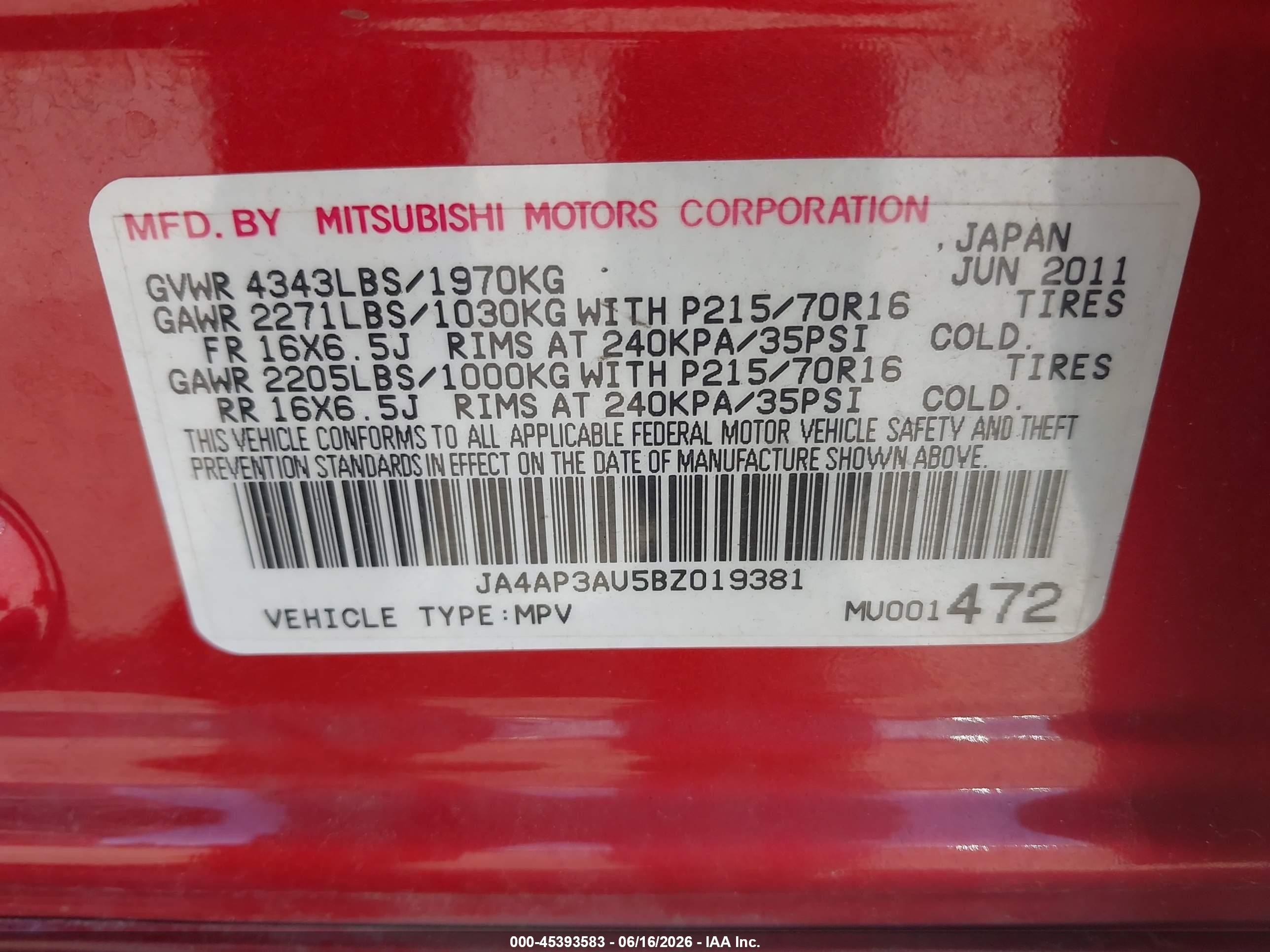 2011 Mitsubishi Outlander Sport Es Red vin: JA4AP3AU5BZ019381