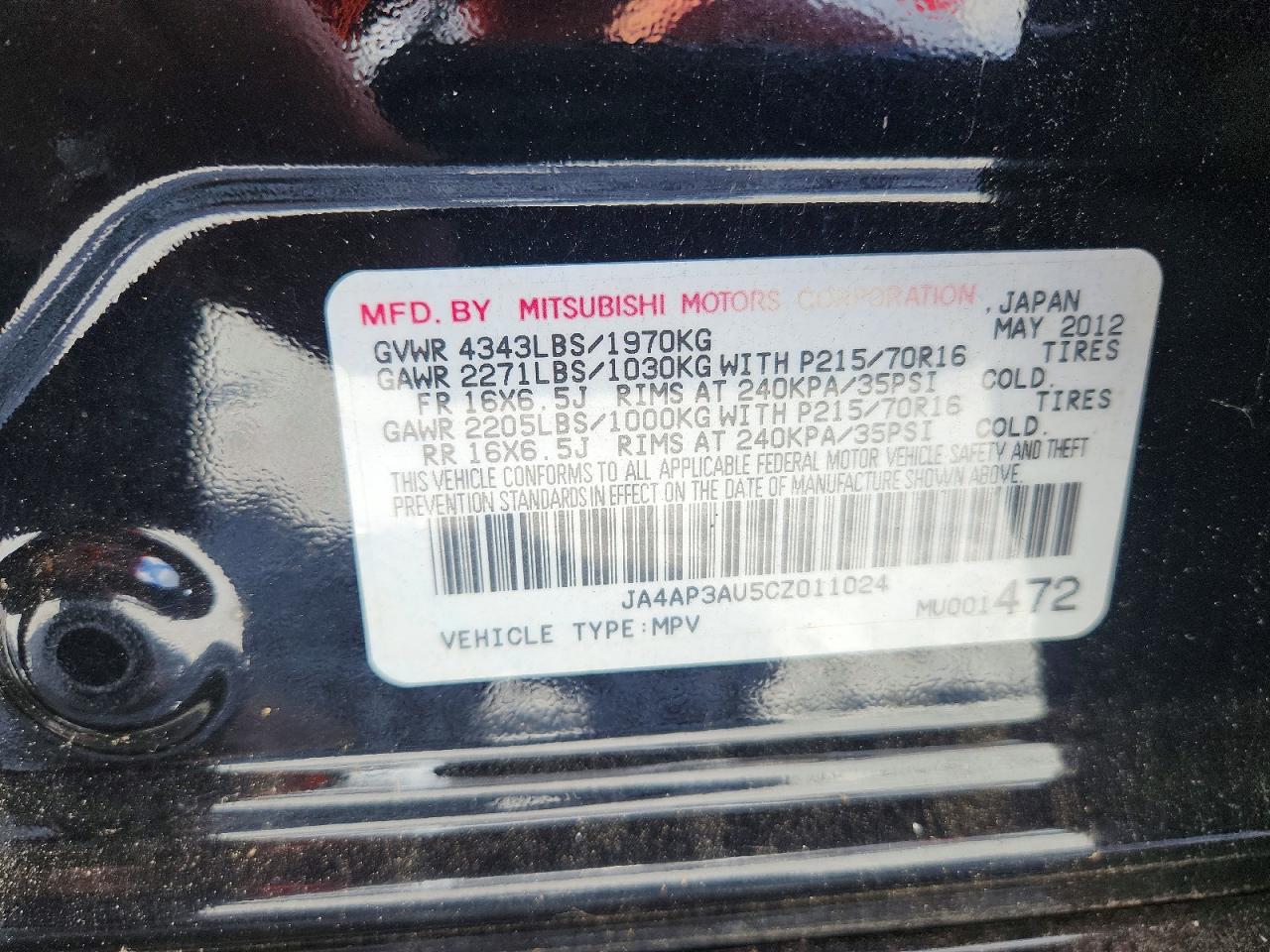 2012 Mitsubishi Outlander Sport Es Black vin: JA4AP3AU5CZ011024