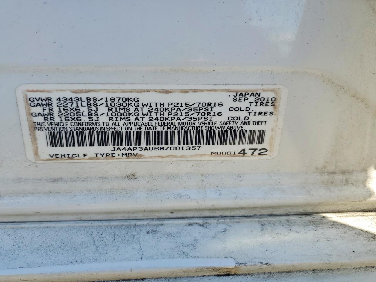 2011 Mitsubishi Outlander Sport Es White vin: JA4AP3AU6BZ001357