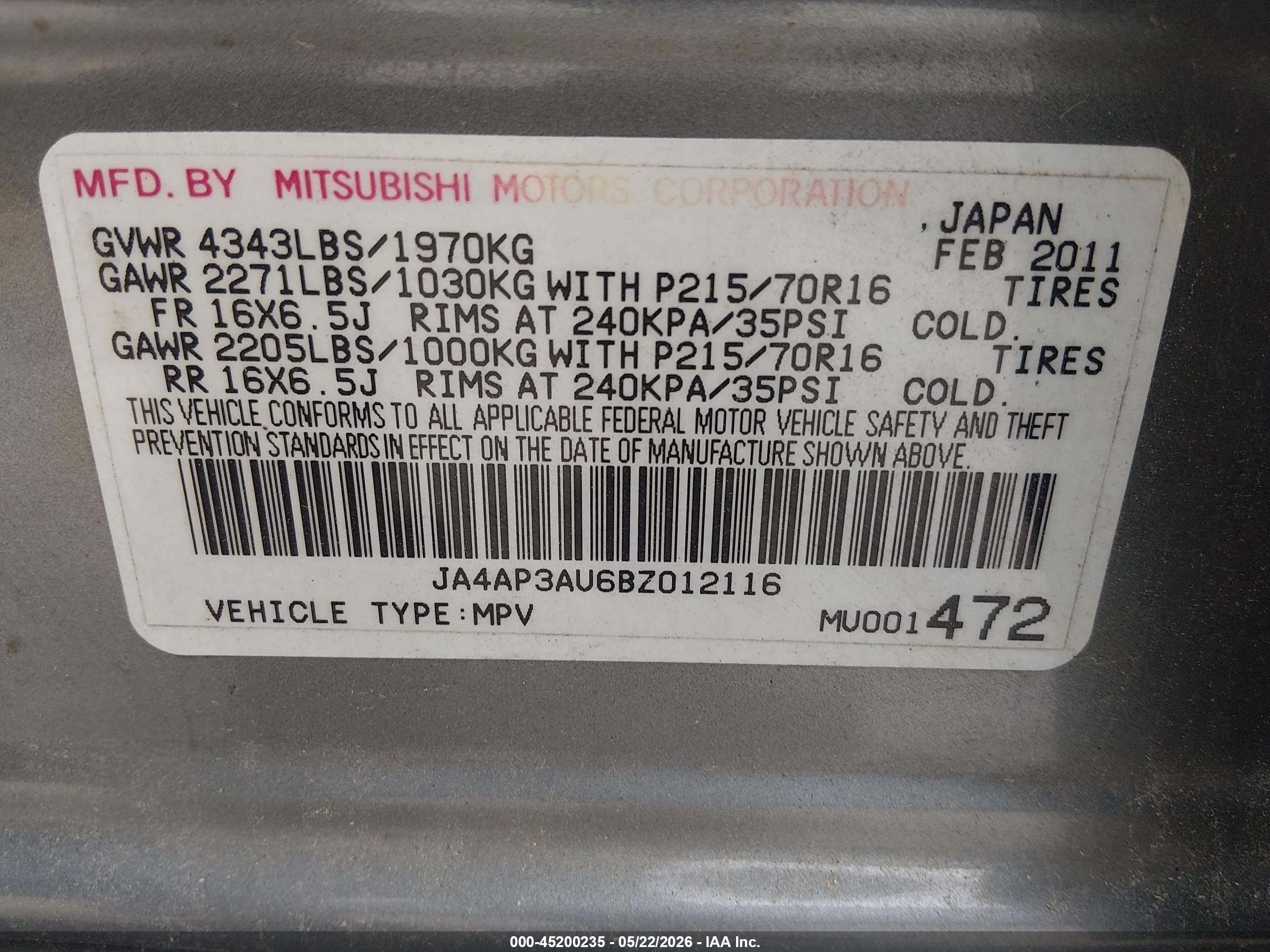 2011 Mitsubishi Outlander Sport Es Gray vin: JA4AP3AU6BZ012116
