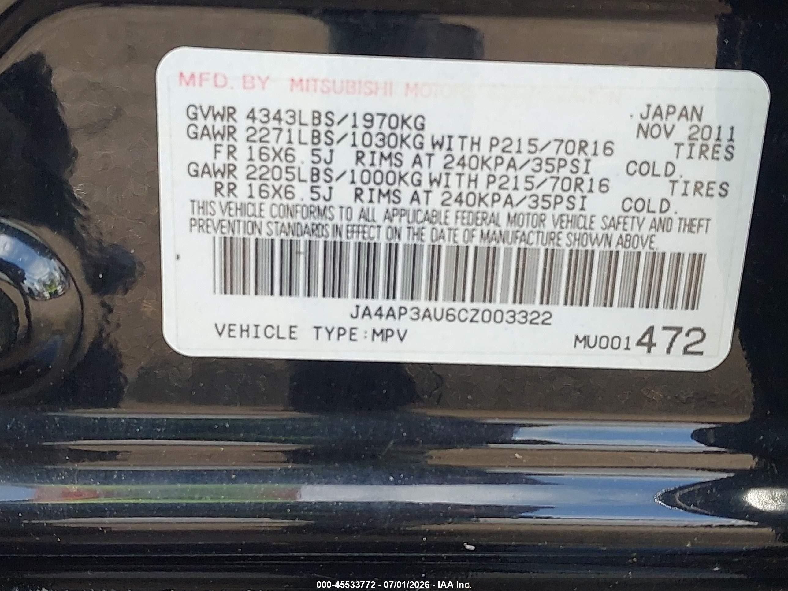 2012 Mitsubishi Outlander Sport Es Black vin: JA4AP3AU6CZ003322