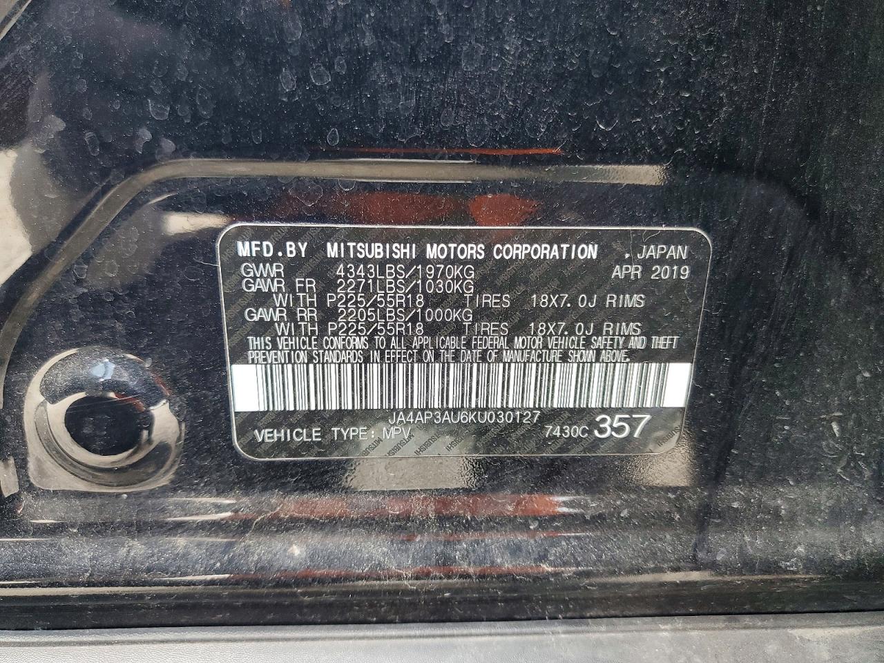 2019 Mitsubishi Outlander Sport Es Black vin: JA4AP3AU6KU030127