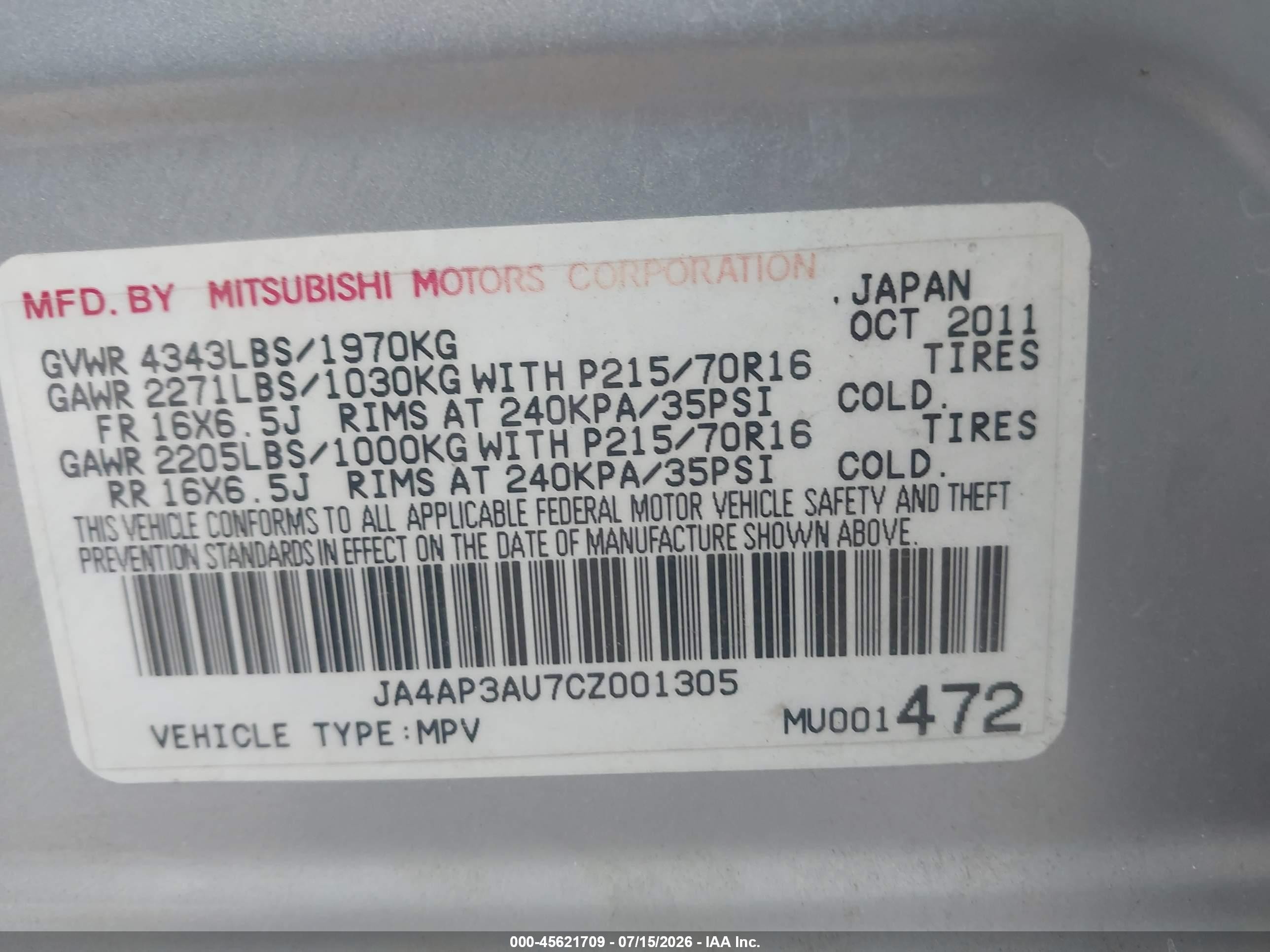 2012 Mitsubishi Outlander Sport Es Silver vin: JA4AP3AU7CZ001305