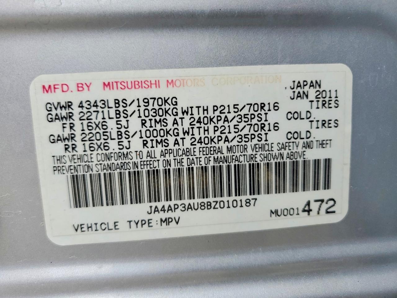 2011 Mitsubishi Outlander Sport Es Silver vin: JA4AP3AU8BZ010187