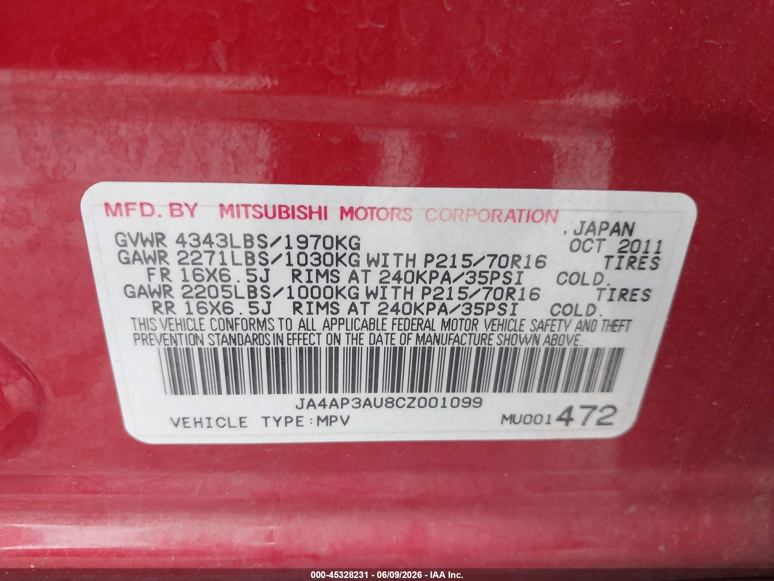 2012 Mitsubishi Outlander Sport Es Red vin: JA4AP3AU8CZ001099