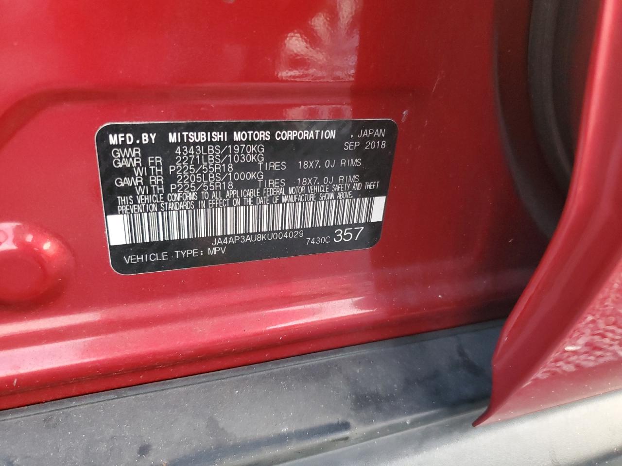 2019 Mitsubishi Outlander Sport Es Red vin: JA4AP3AU8KU004029