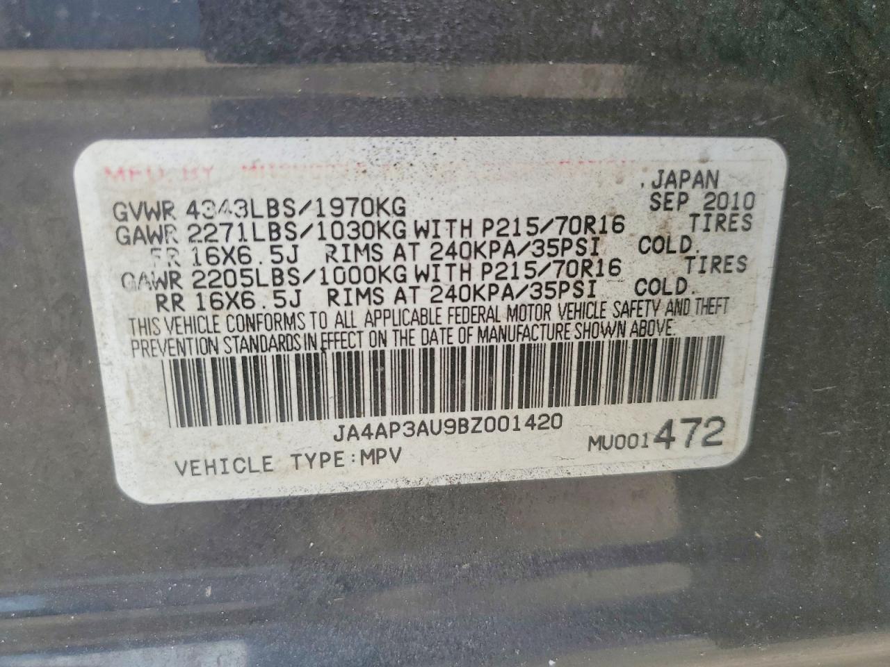 2011 Mitsubishi Outlander Sport Es Black vin: JA4AP3AU9BZ001420