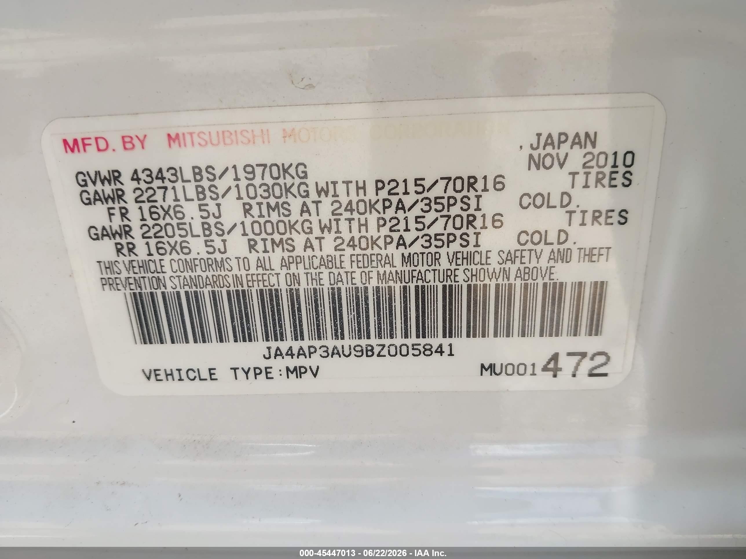 2011 Mitsubishi Outlander Sport Es White vin: JA4AP3AU9BZ005841
