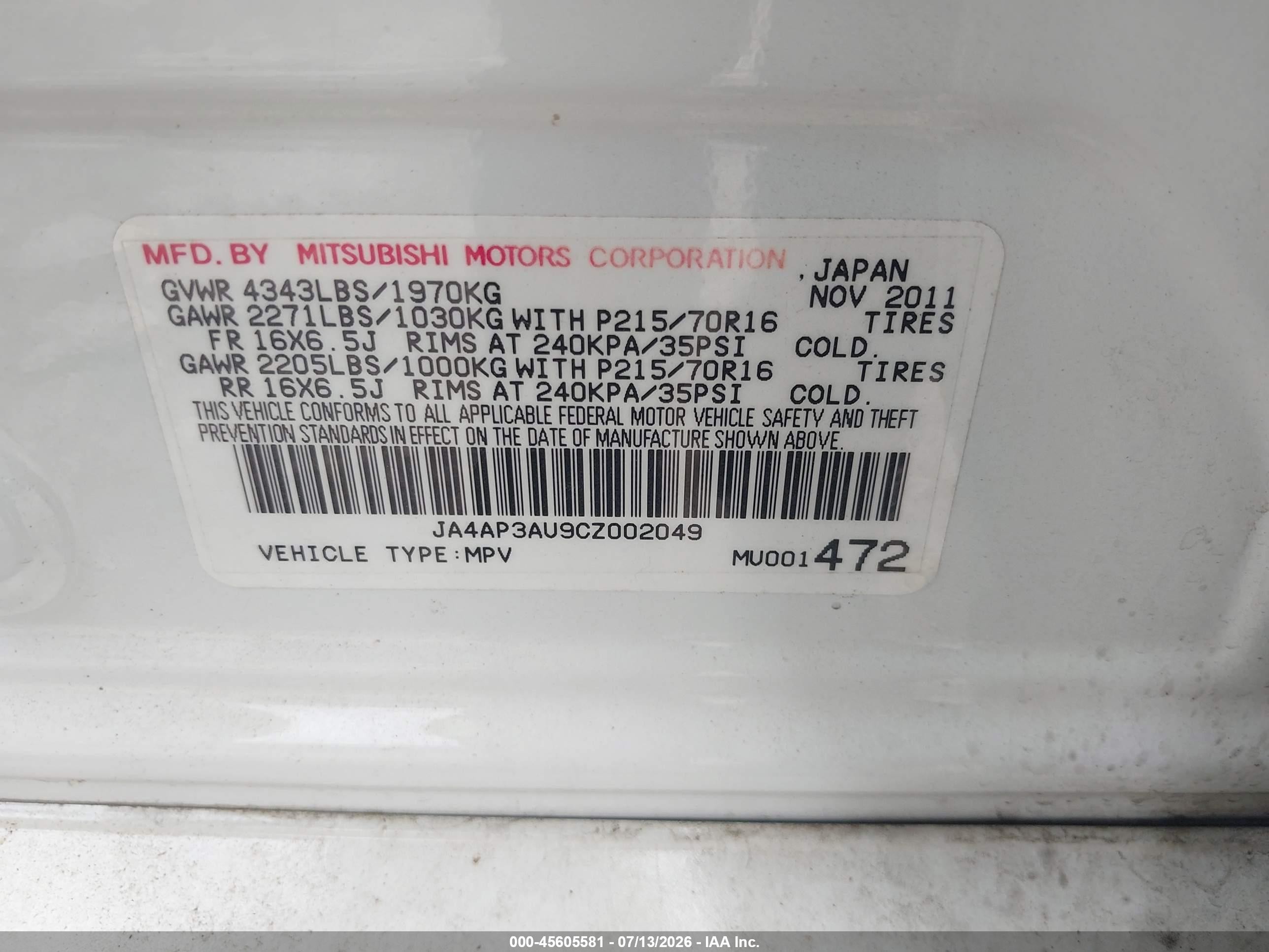 2012 Mitsubishi Outlander Sport Es White vin: JA4AP3AU9CZ002049